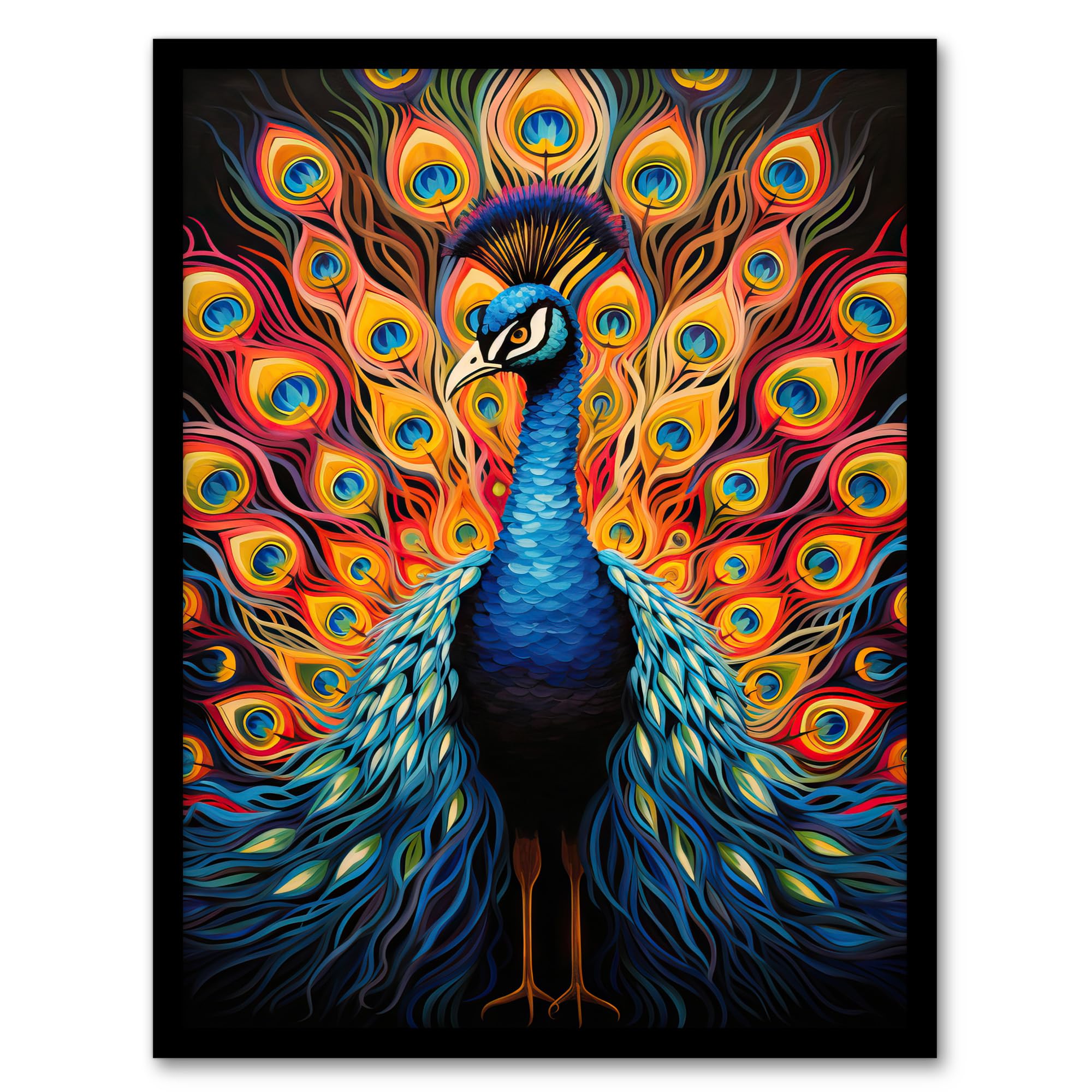 Artery8 Peacock Bird With Bright Vivid Feathers Yellow Red Blue Bold Portrait Artwork Framed Wall Art Print A4