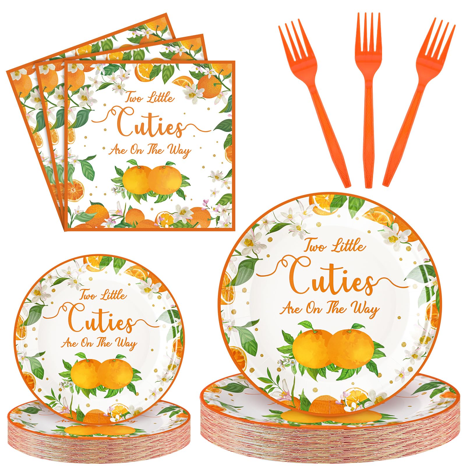 Zhehao 96 Pcs Twins Baby Shower Decorations Supplies Twins Cuties Baby Shower Tableware Set Eucalyptus Leaf Orange Themed Twins Baby Shower Plates Napkins Forks for 24 Guests(Orange)
