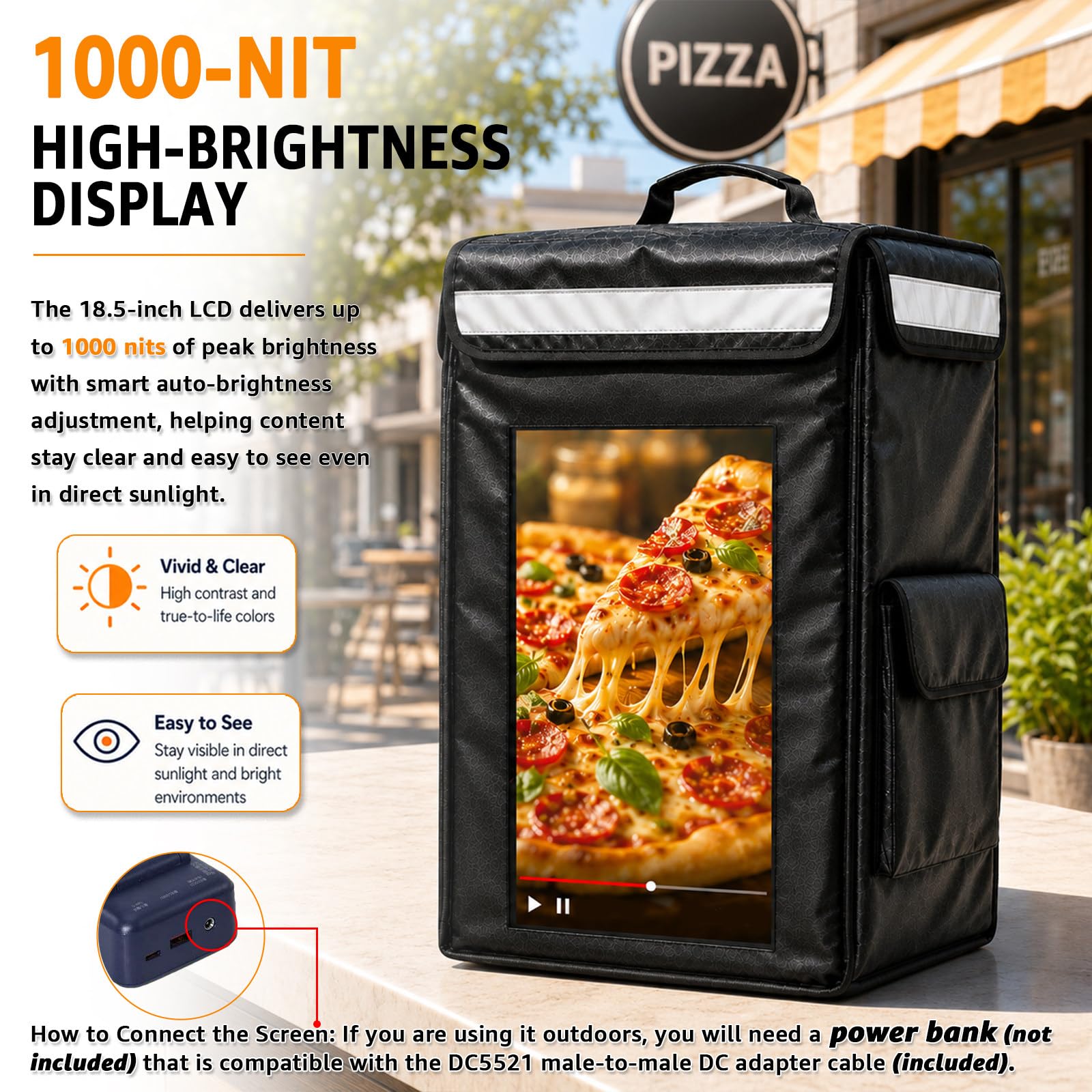 Mochila Térmica de Reparto con Pantalla, Tamaño de 43 × 36 × 51 cm | Resolución 1080P, Visión de 180° y Brillo Automático para Restaurantes, Campus y Zonas Peatonales Concurridas