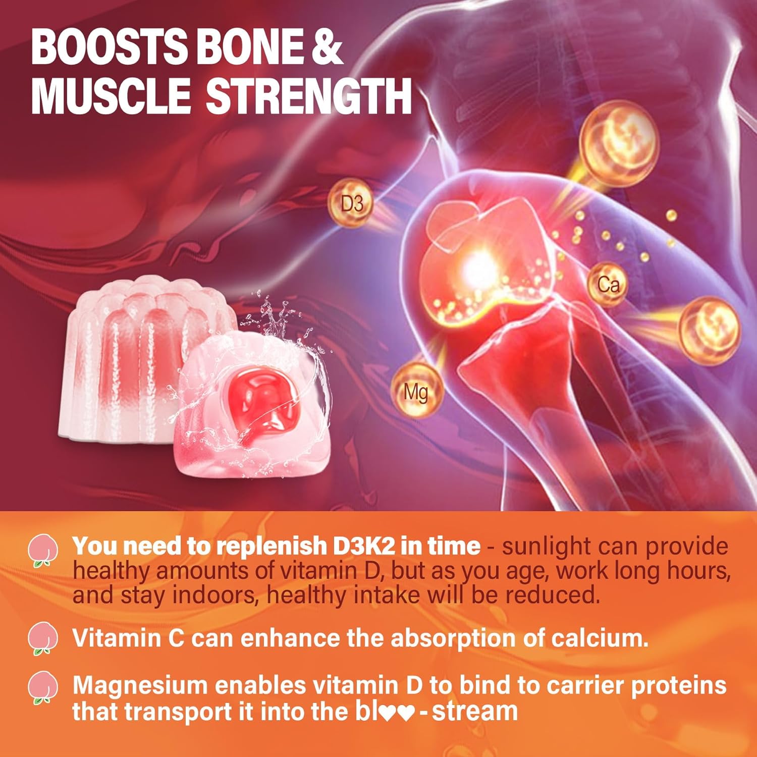 Vitamin D3 K2 Gummies 5000IU / 10,000 IU with 500mg Calcium + K2(MK-7) 200mcg, Magn... - Image 5