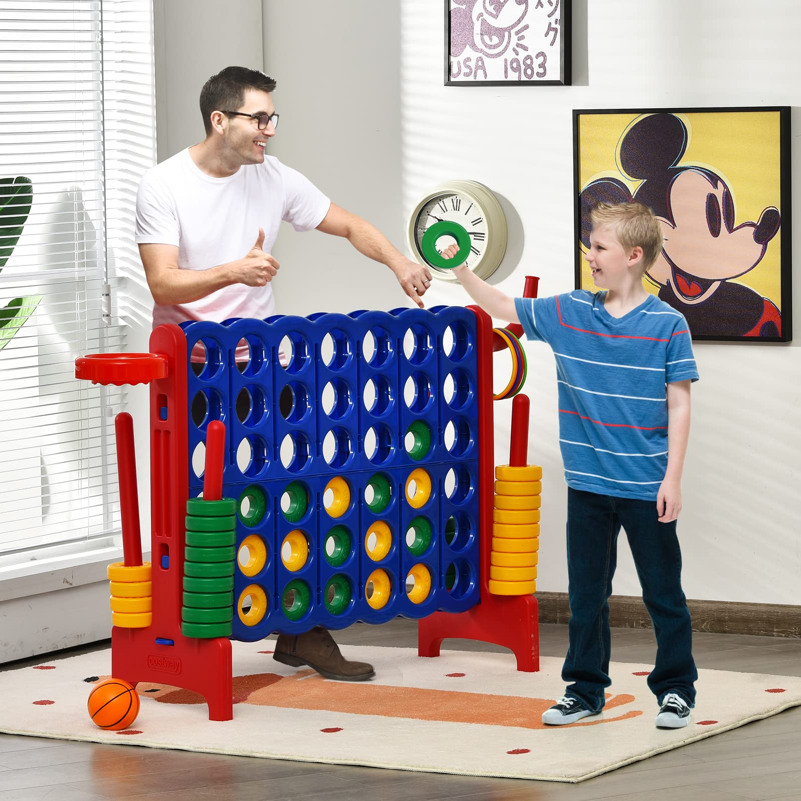COSTWAY Forza 4 Gigante, Forza Quattro per Bambini con Canestro, Palla, 5 Anelli e 42 Piedine, Giochi Educativi da Esterno ed Interno per Vacanze e Feste, Ideale per Bambini +3 Anni