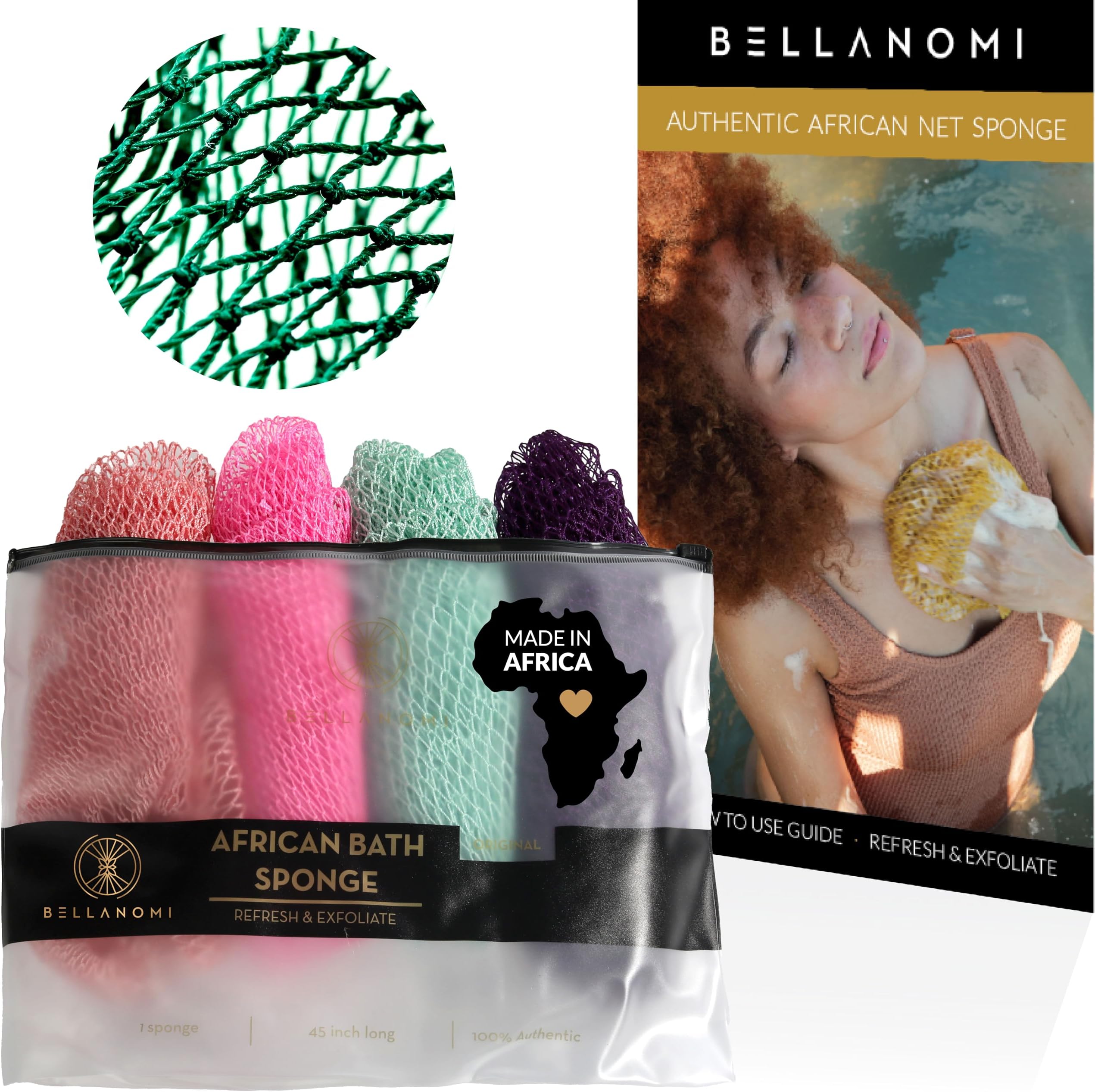 BELLANOMI 4 Piece African Exfoliating Net Sponge Long African Bath Sponge, Authentic Ethically Sourced from Nigeria, Great for Daily Use (Pink, Indigo, Seafoam, Blush)