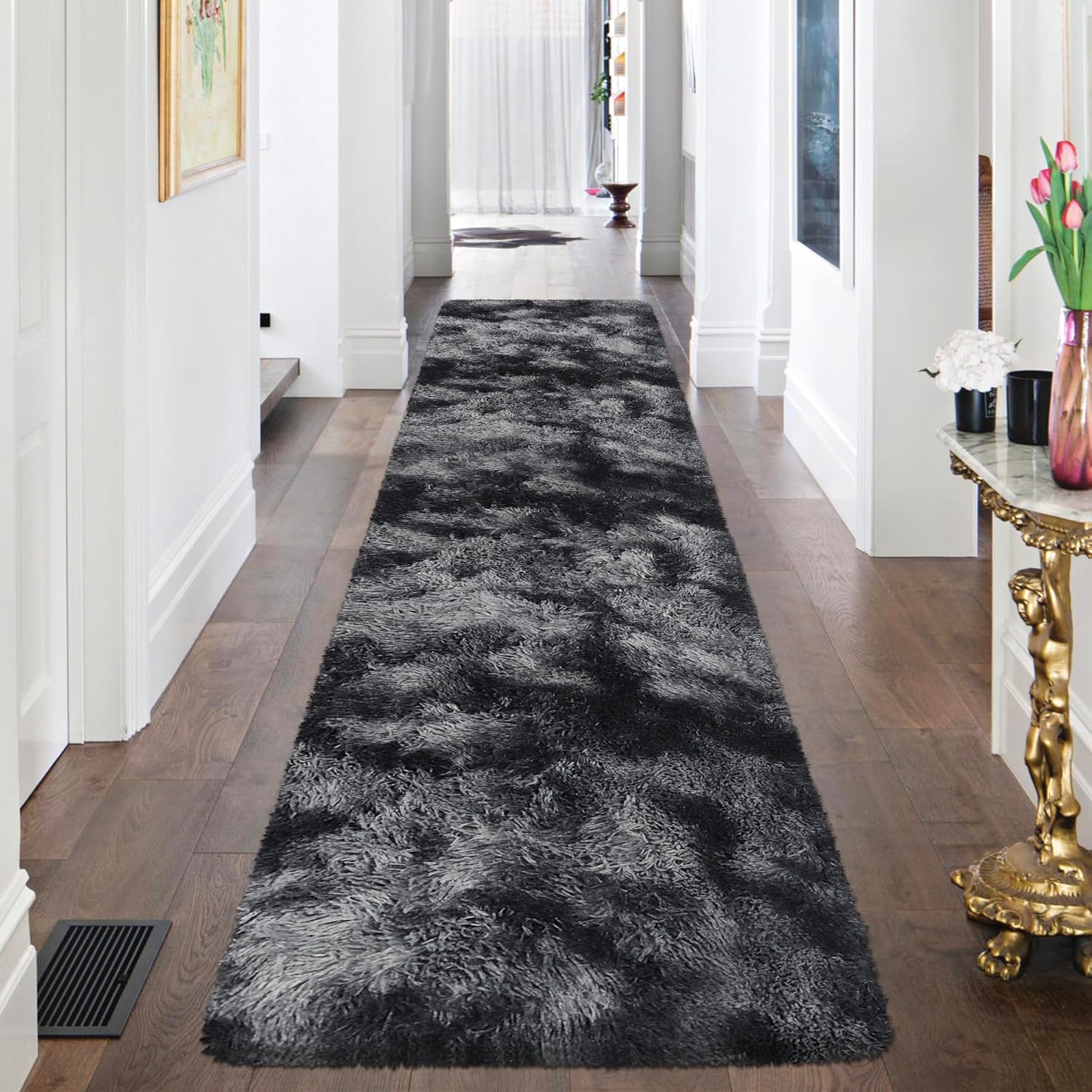 Tie-Dyed Runner Rug for Bedroom Black Grey 2x8ft Fluffy Area Rug Bedside Runner Rug for Kids Room Boys Teens Nursery Baby Living Room Dorm Home Decor Carpets