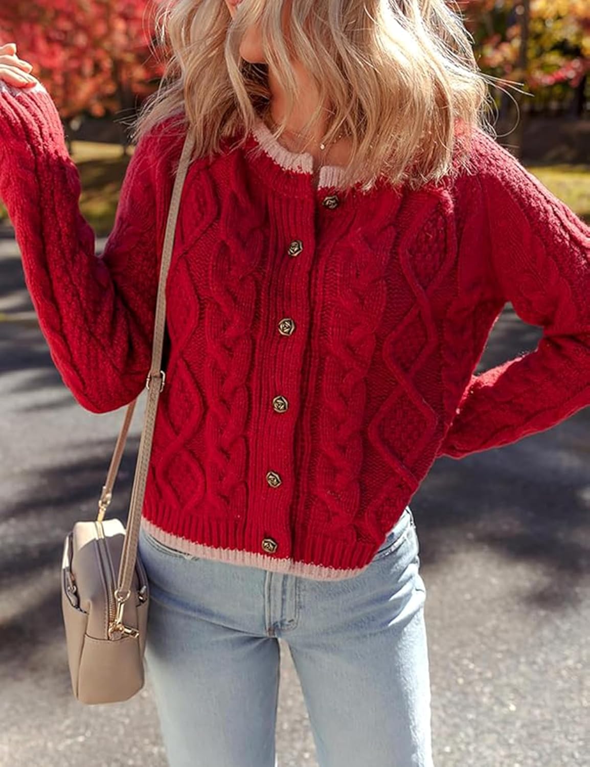 Watashi Long Sleeve Sweater for Women Casual Button Up Colorblock Cable Knit Round Neck Fall Winter Cardigans Coats - Image 3