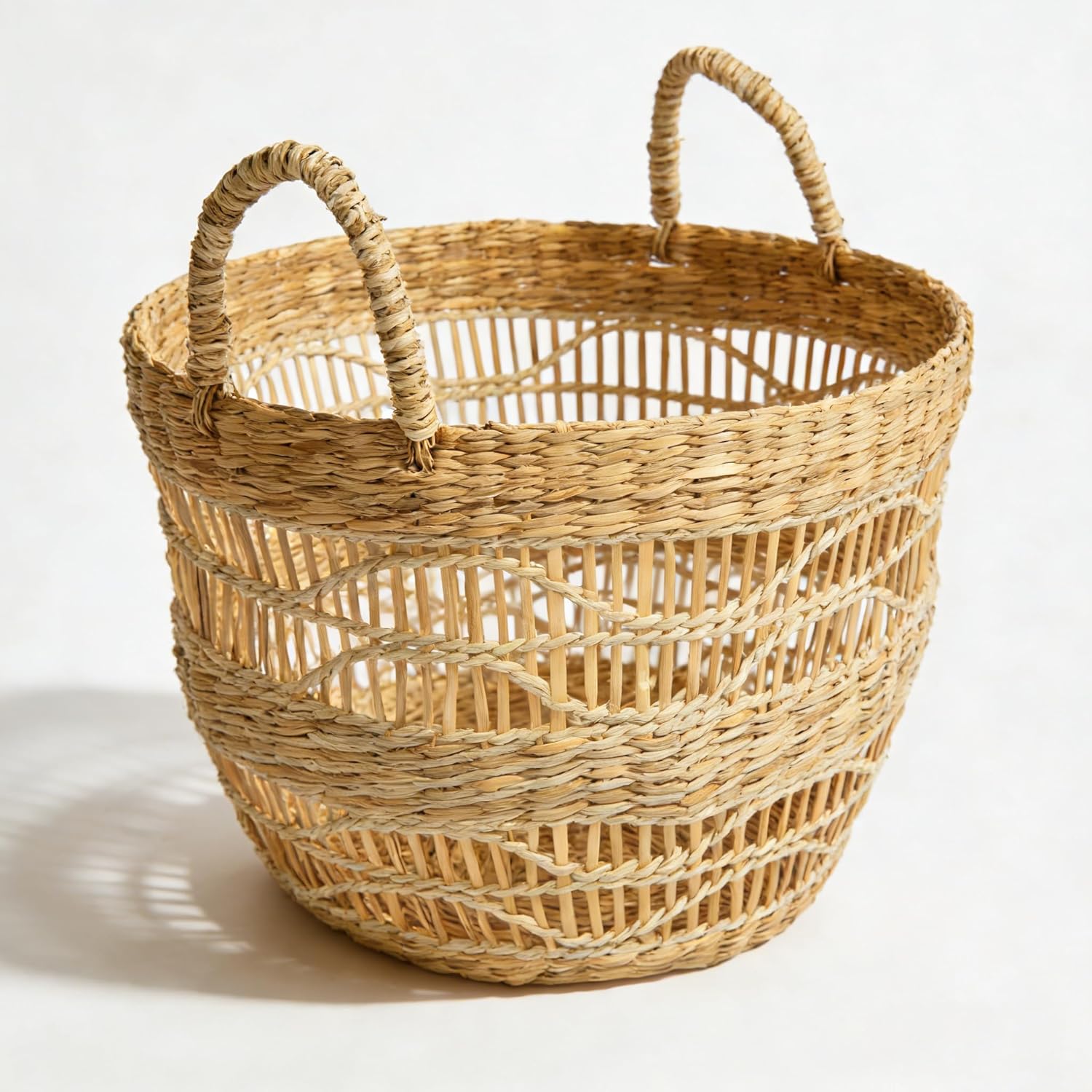 Handwoven Seagrass Laundry Hamper with Handles, 9" H x 12" D, Natural Woven Storage Basket for Bedroom, Laundry Room, Living Room, Entryway Home Decor