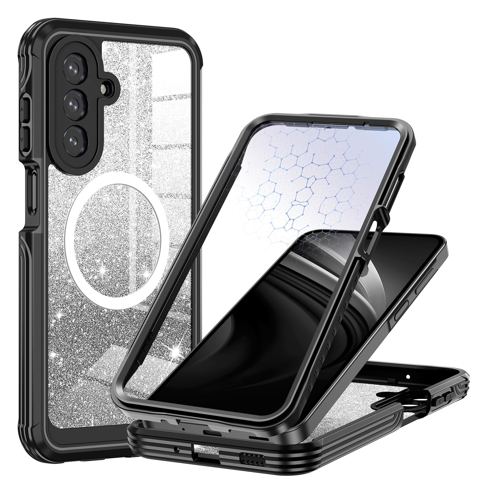 Funda para Galaxy A17 5G, compatible con MagSafe, funda magnética con purpurina integrada con protector de pantalla de vidrio templado 9H, funda protectora a prueba de golpes para Samsung