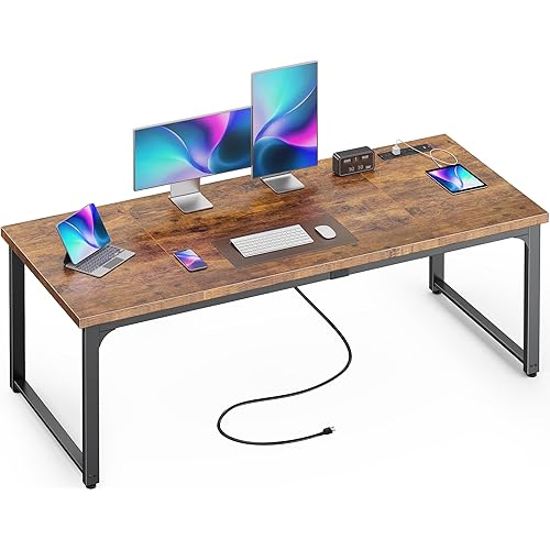 Huuger 63 x 24 inch Desk with Power Outlets & USB-C, Deeper & Thicker Desktop, Robust Metal Tubes, Computer Desk, Heavy Duty Office Desk, Work Gaming Desk, for Home Office, Rustic Brown