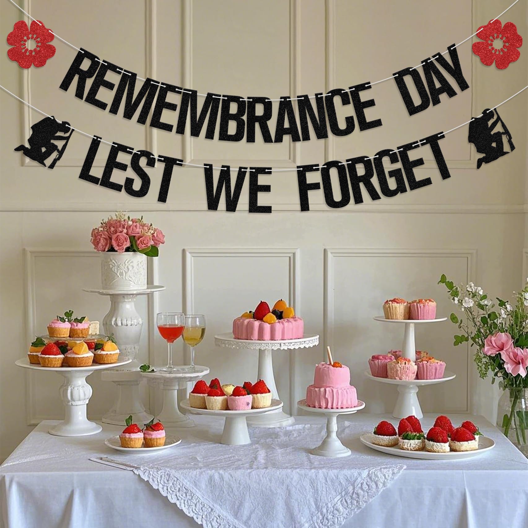 Remembrance Day Lest We Forget Banner Veterans Memorial Day Decoration British Army Armistice Day Decoration Black Glitter - Image 3