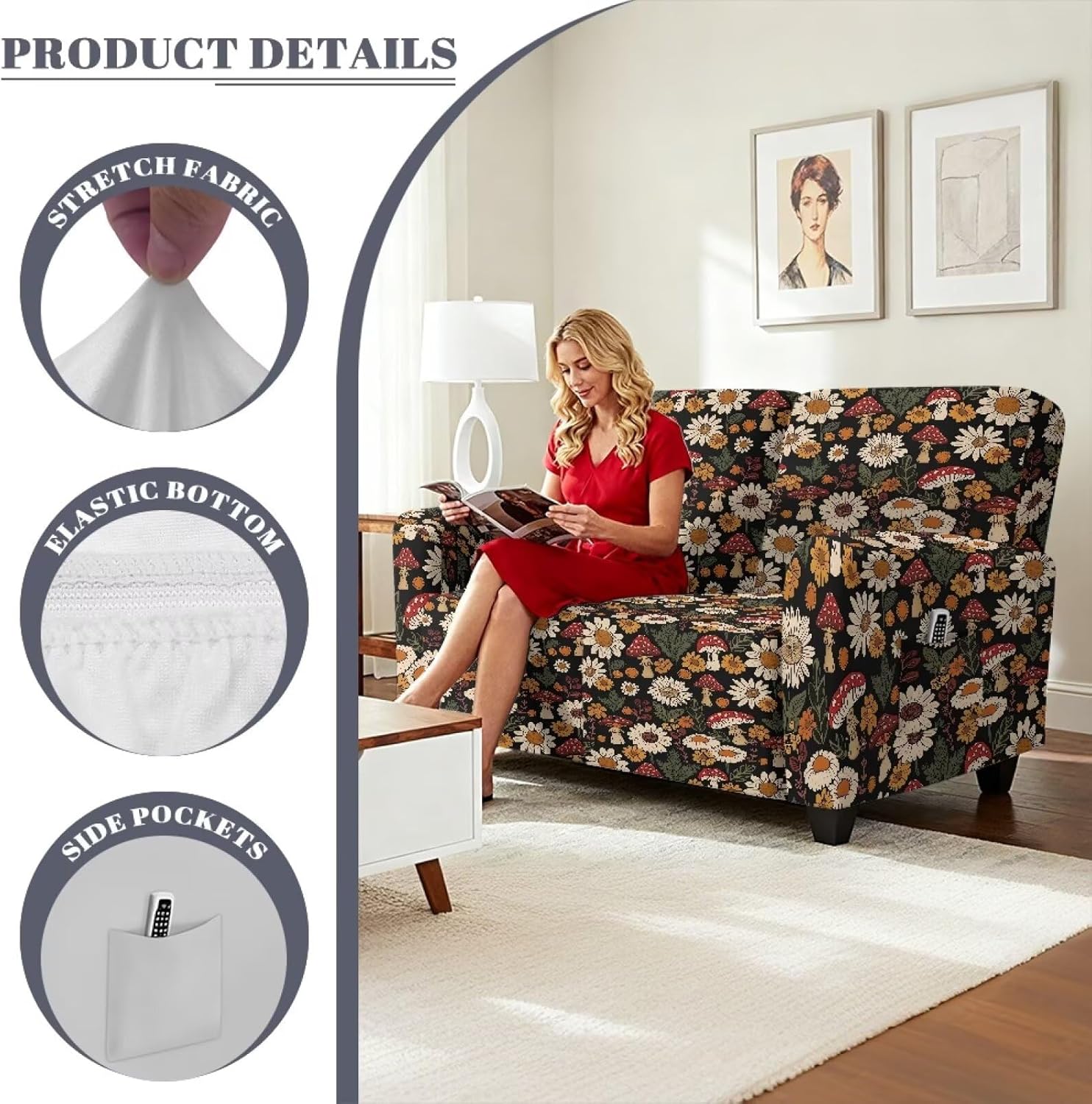 Waterproof Reclining Loveseat Covers Mushroom Lazy Boy Recliner Sofa Cover 2 Seat with Pockets, Pet Scratch Resistant Recliner Love Seat Slipcover