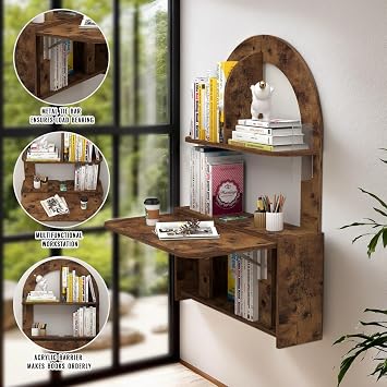 Wall Mounted Drop-Leaf Table, Floating Laptop Desk, Folding Table with Shelves, Multifunctional Computer Workstation Storage Compartments in Home Office for Space Saving (Rustic Brown)