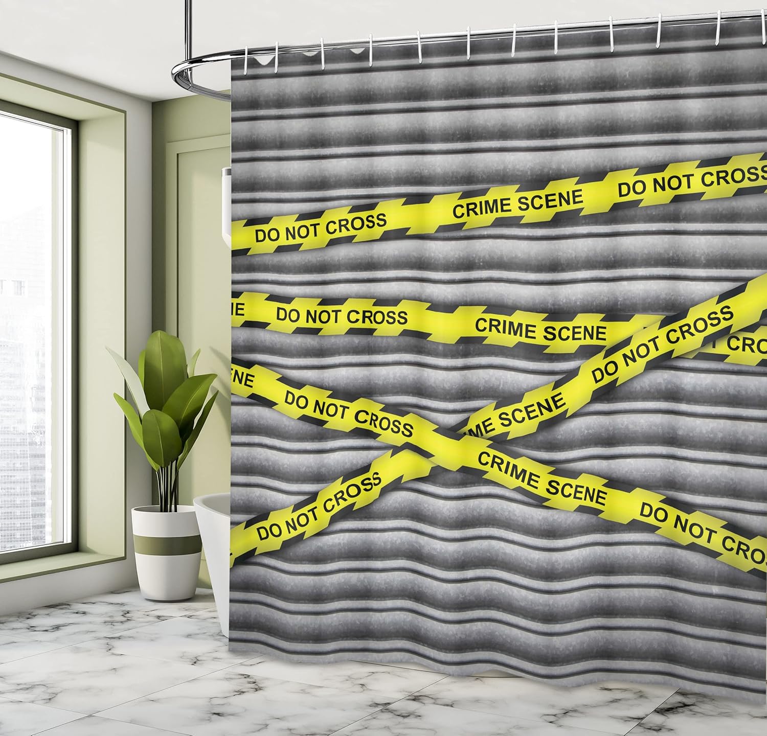 Ambesonne Police Shower Curtain, Crime Scene Investigation Do Not Pass Yellow Wraps Words Work of Art Print, Cloth Fabric Bathroom Decor Set with Hooks, 69" W x 75" L, Yellow Black Grey