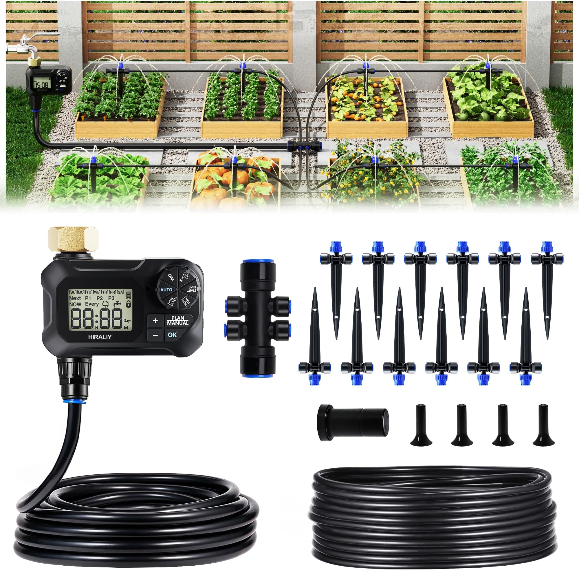 HIRALIY 50FT Automatic Drip Irrigation Kit with Timer, Quick-Connect Garden Watering System with 40FT 1/4" Tubing, 10FT Main Hose, 12 Adjustable Drippers for Patio, Raised Beds & Potted Plants