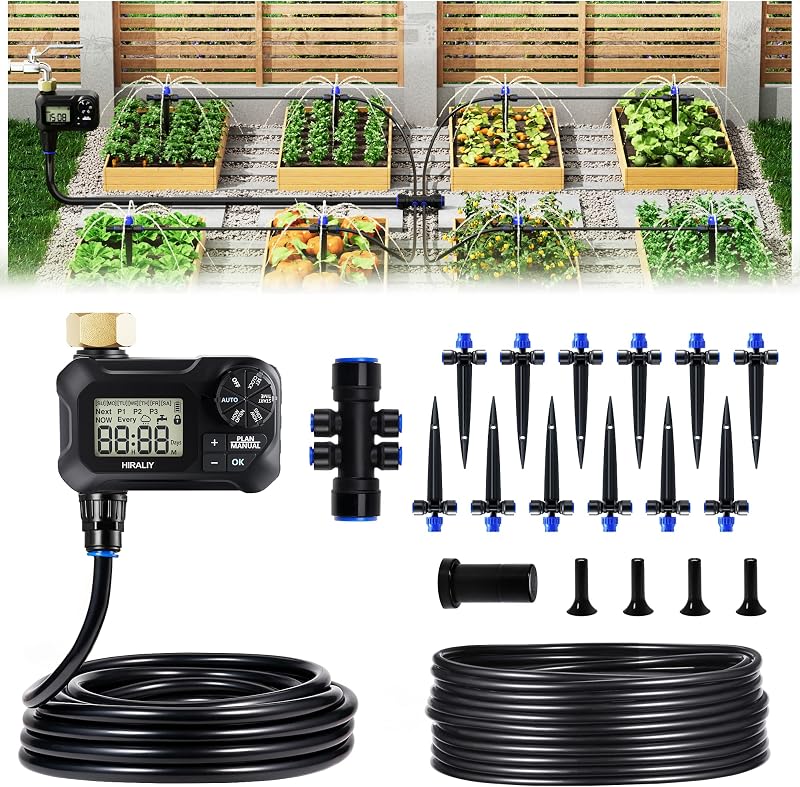 HIRALIY 50FT Automatic Drip Irrigation Kit with Timer | Quick-connect garden watering system with 40FT tubing, 10FT hose and 12 adjustable drippers for patio, raised beds & plants