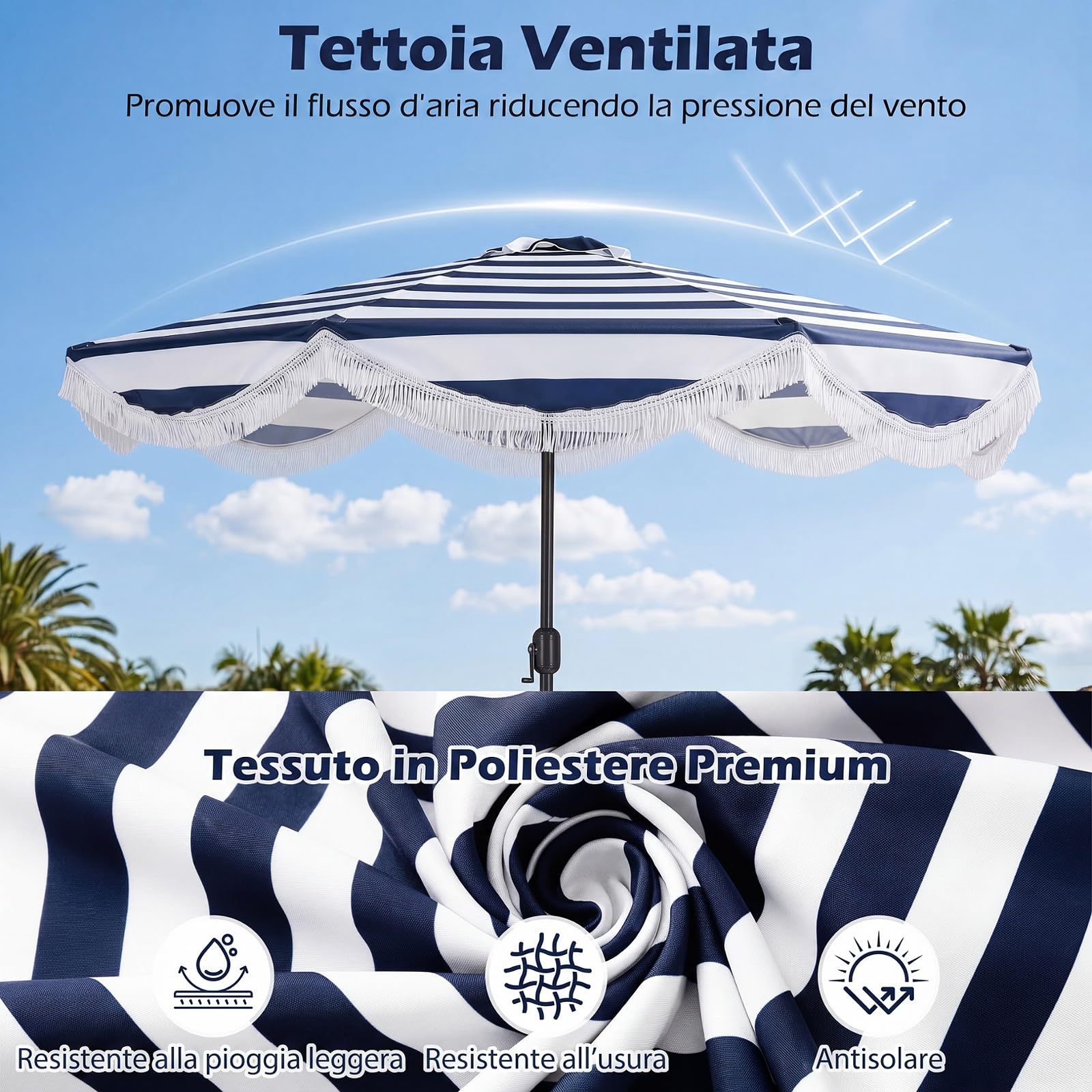 COSTWAY Ombrellone da Giardino 270 cm con Inclinazione 30° e Manovella | Ombrellone da Spiaggia Decorazione a Frangia, 8 Stecche, Protezione Solare, per Spiaggia, Terrazzo e Piscina