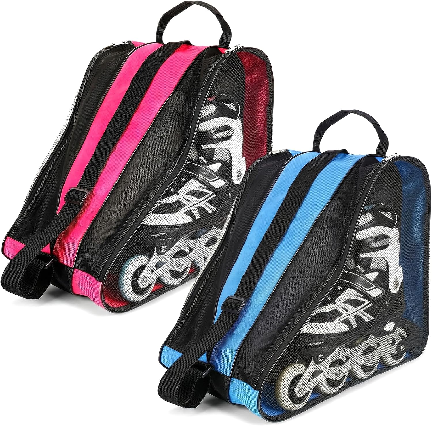 2 Pack Skate Bags with Adjustable Strap, Oxford Cloth Roller & Ice Skates Storage Bag for Shoes, Blades, Protective Gear - Light Blue & Pink
