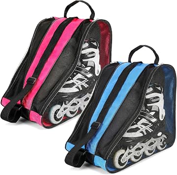 2 Pack Skate Bags with Adjustable Strap, Oxford Cloth Roller & Ice Skates Storage Bag for Shoes, Blades, Protective Gear - Light Blue & Pink