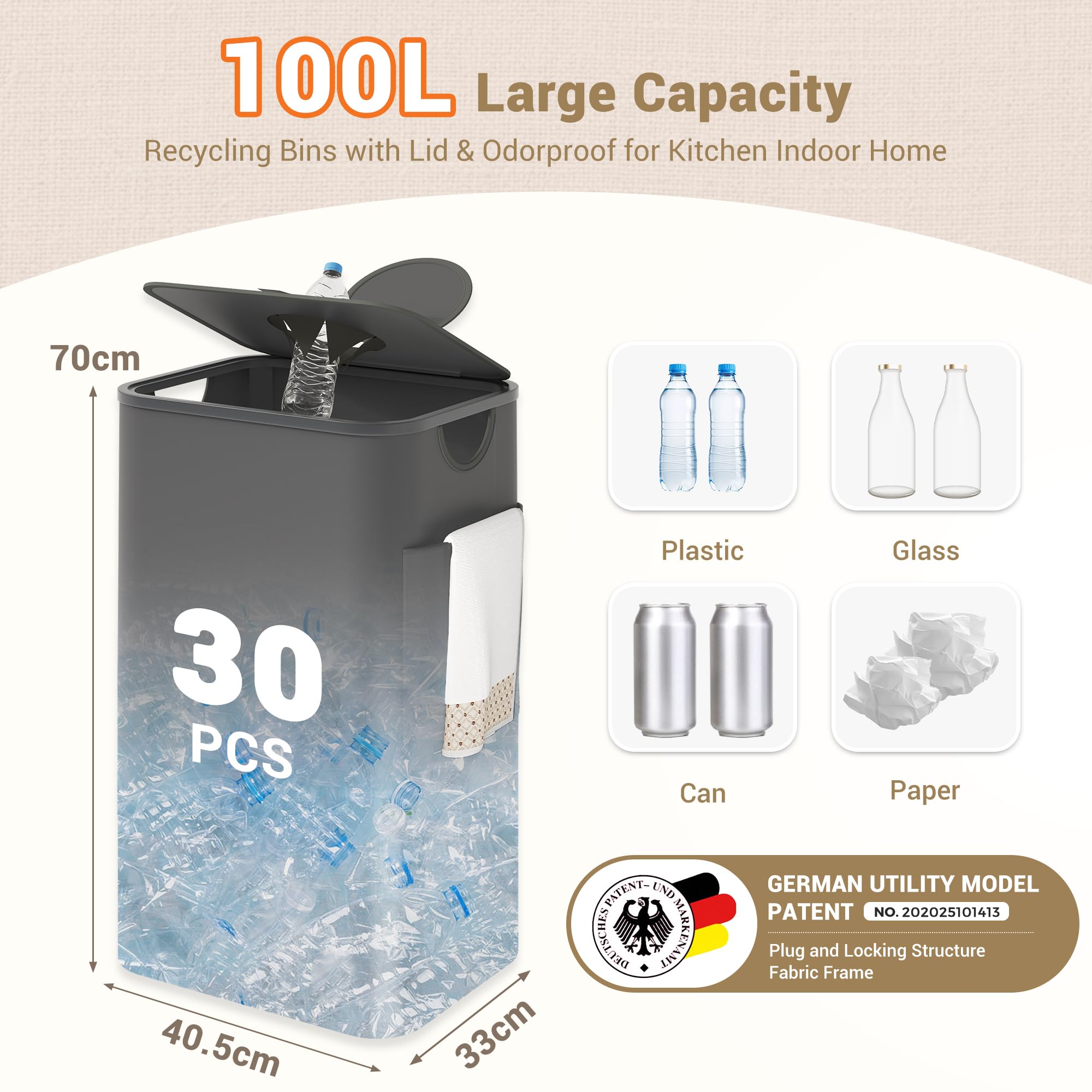 LUMITERRA 100L Collecteur Bouteilles Pliable Avec Couvercle - Poubelle Tri Sélectif Plastique Verre - Rangement Recyclage Cuisine