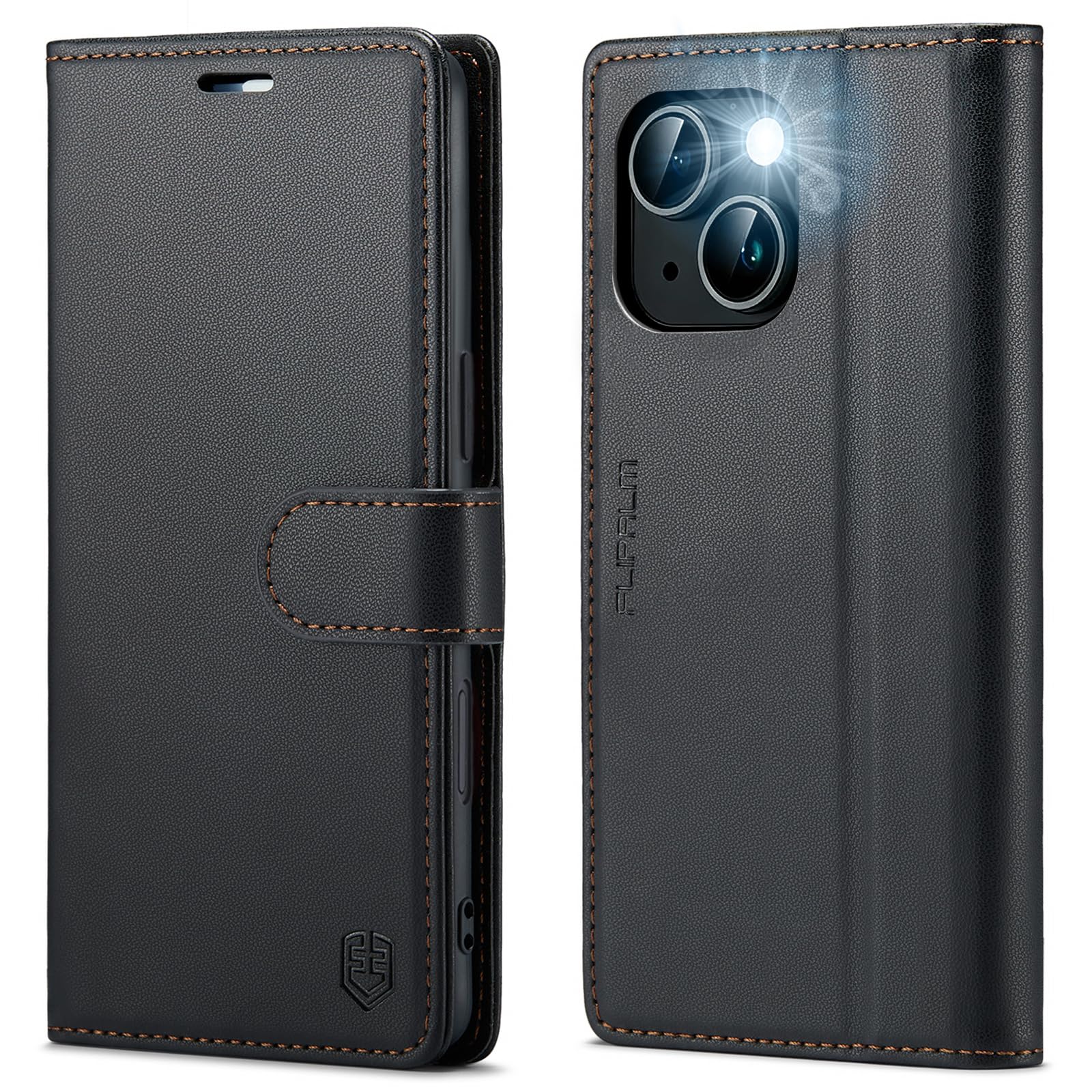 FLIPALM Wallet Case for iPhone 15 Series, RFID Blocking Credit Card Holder, PU Leather Folio Flip Kickstand Protective Shockproof Cover for Apple 15 Series (Black, iPhone 15-6.1")