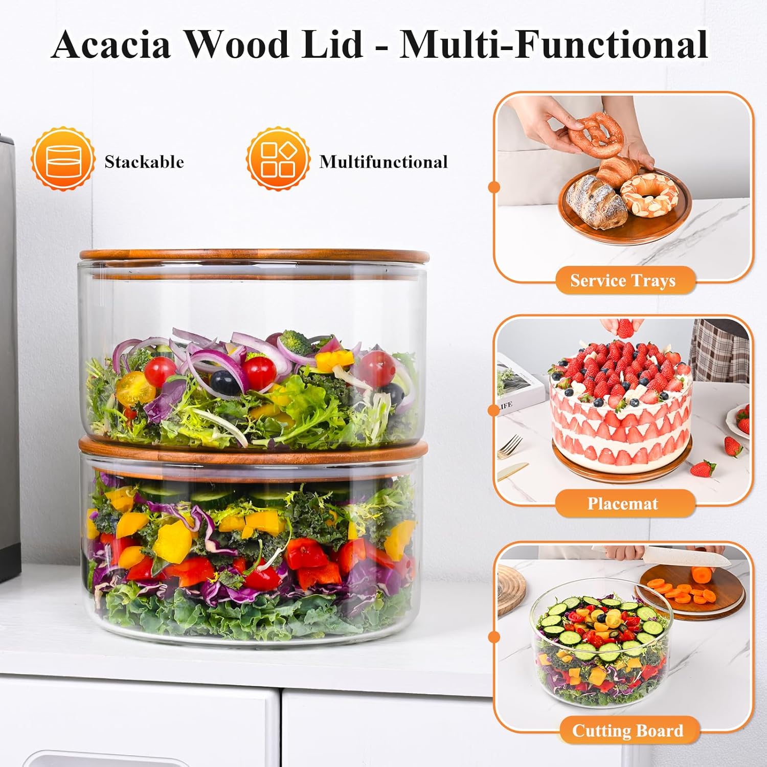 197 oz Large Glass Salad Bowl with Acacia Wood Lid - Glass Trifle Bowl, Versatile Serving Bowls for Cake, Salad, Fruit, Baking, Dessert, Meal Prep, Storing, Microwave & Oven Safe, BPA Free