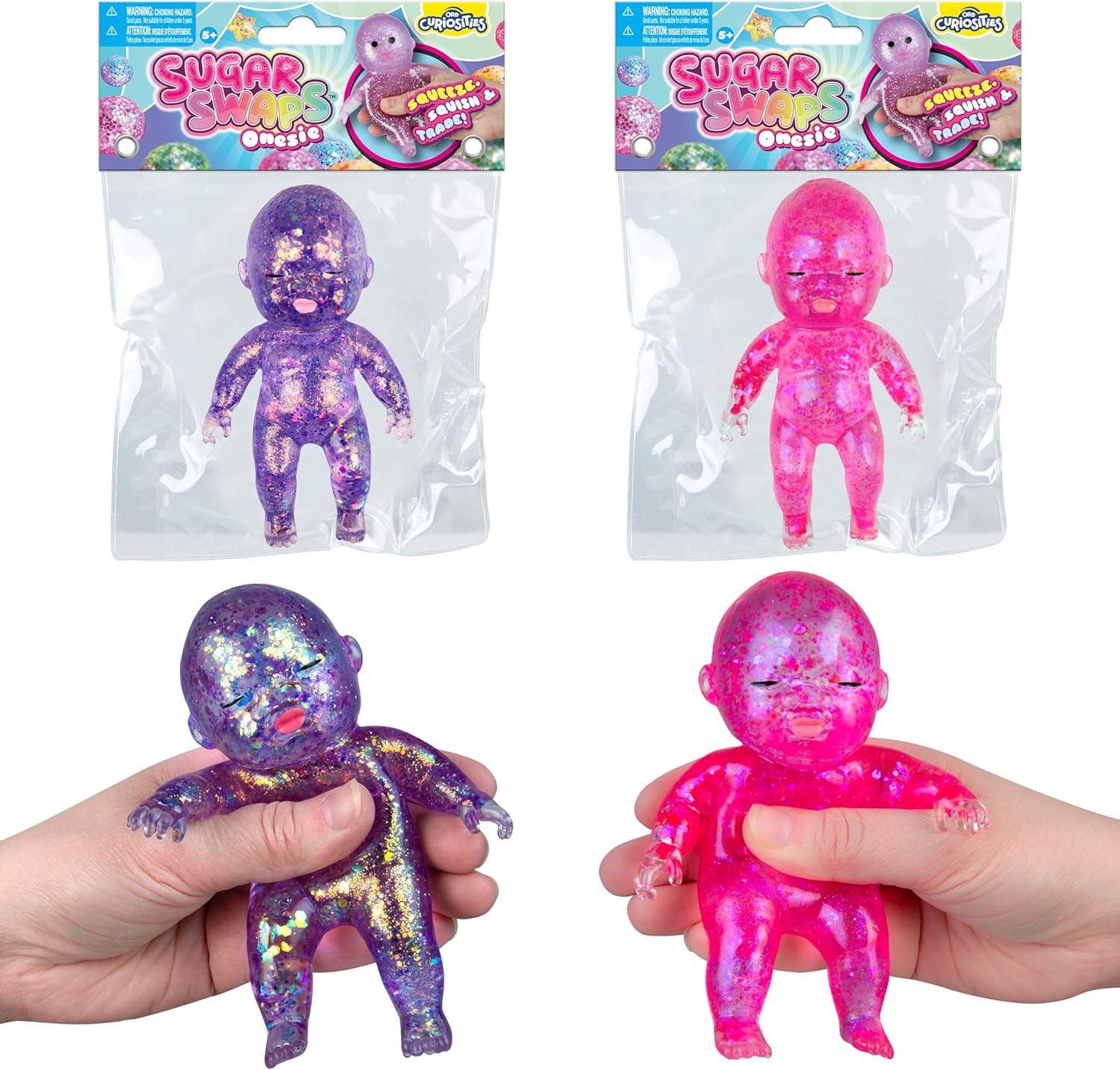 ORB Curiosities Sugar Swaps Jumbo Baby Squishies 2 Pack - 2 Big, Sparkly Sugar Baby Squishy Toys to Stretch, Squeeze, Collect and Trade - Fun Stress Relief, Sensory and Fidget Toys for Kids and Adults