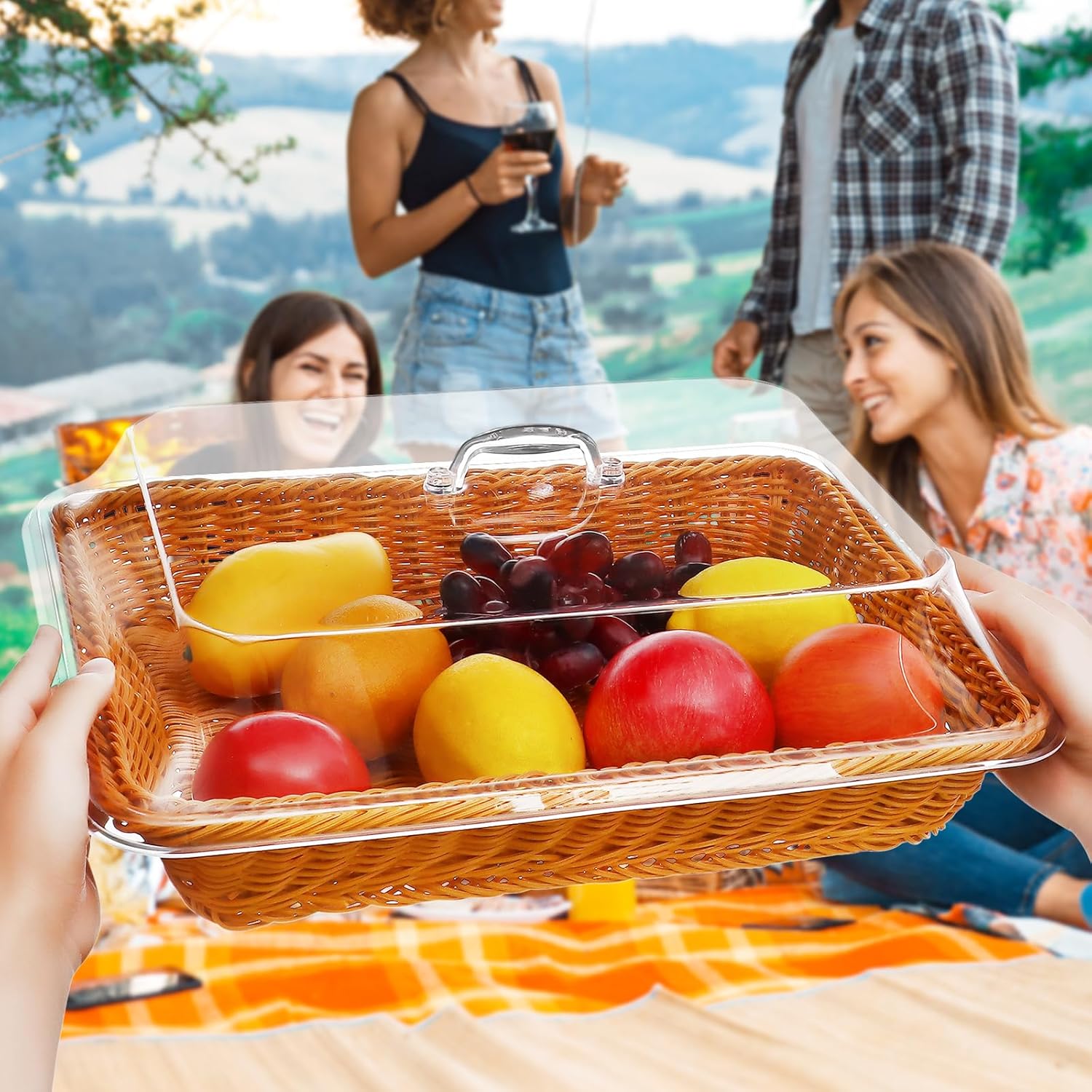 2 Pcs Rattan Bread Basket 15.7 x 11.8 Inch Woven Imitation Rattan Fruit Basket with Acrylic Lid Wicker Bread Basket for Serving with Cover Food Vegetable Display Storage Baskets for Kitchen Restaurant