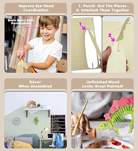 Miniatura 3 de Puzzled Rompecabezas 3D Estegosaurio Dinosaurio Madera Artesanía Kit de Modelo de Construcción Divertido y Educativo DIY Juguete de Dino de Madera