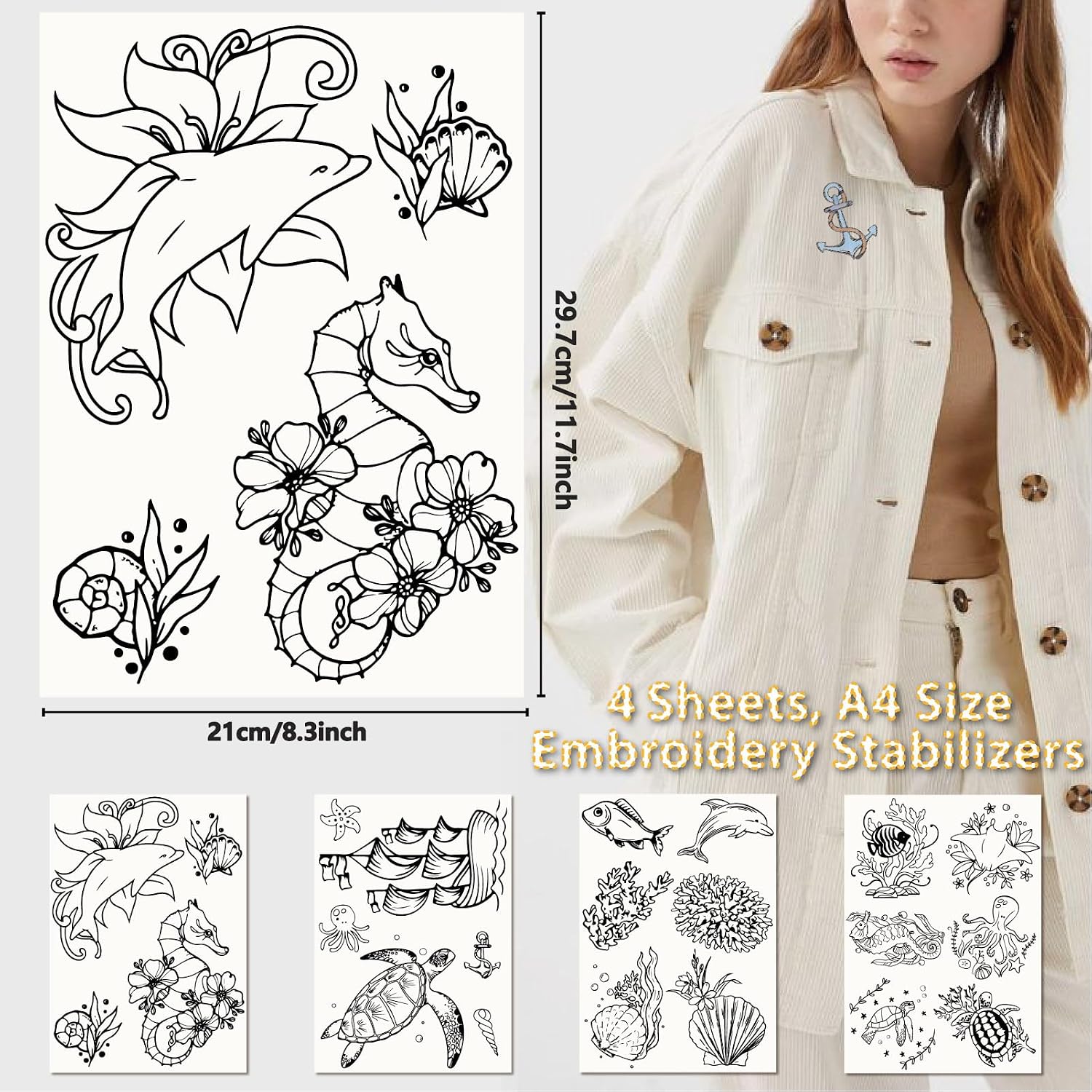 CRASPIRE 4 Sheets Sea Animal Ocean Water Soluble Embroidery Stabilizers Turtle Seahorse Hand Sewing Stick and Stitch Transfers Paper Wash Away Pre-Printed Self Adhesive Patterns for Cloth Sewing Lover