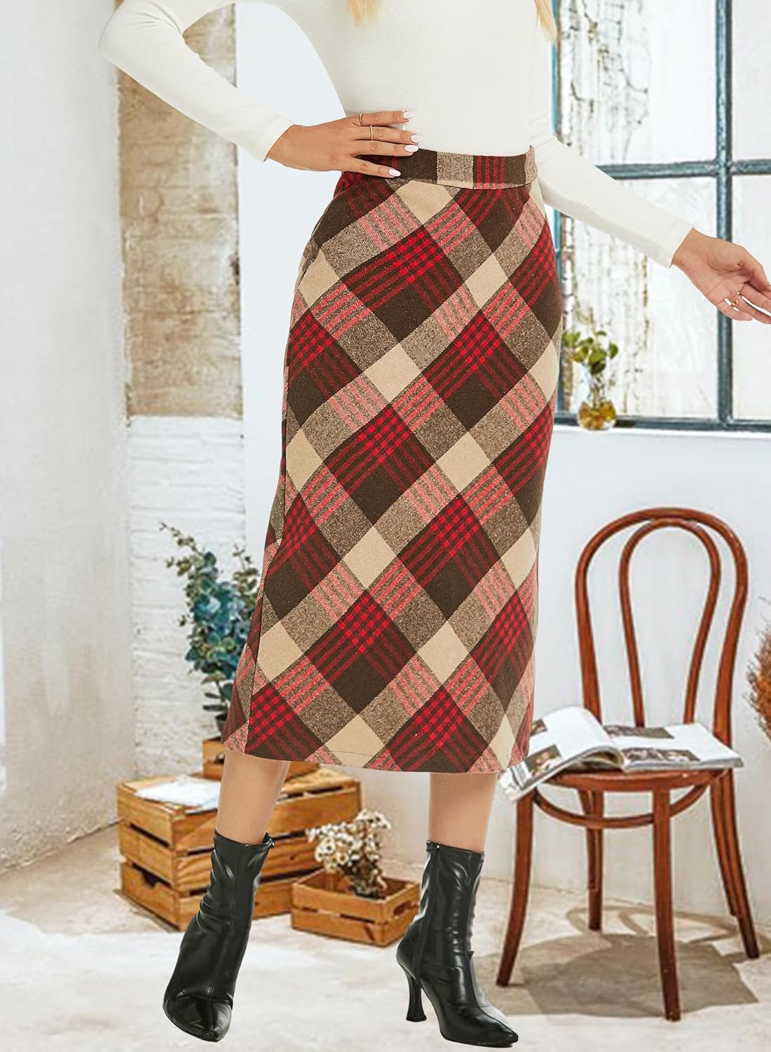 Womens Flannel Plaid Straight Vintage A Line Midi Length Long Pencil Skirt - Image 4