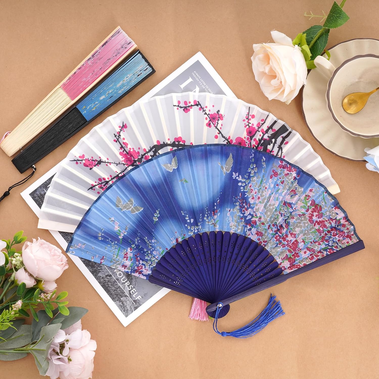 4 PCS Chinese Handheld Fans Silk Folding Fans with Bamboo Women Floral Folding Fans for Dancing Party Wedding Cosplay Decor (Color-A)
