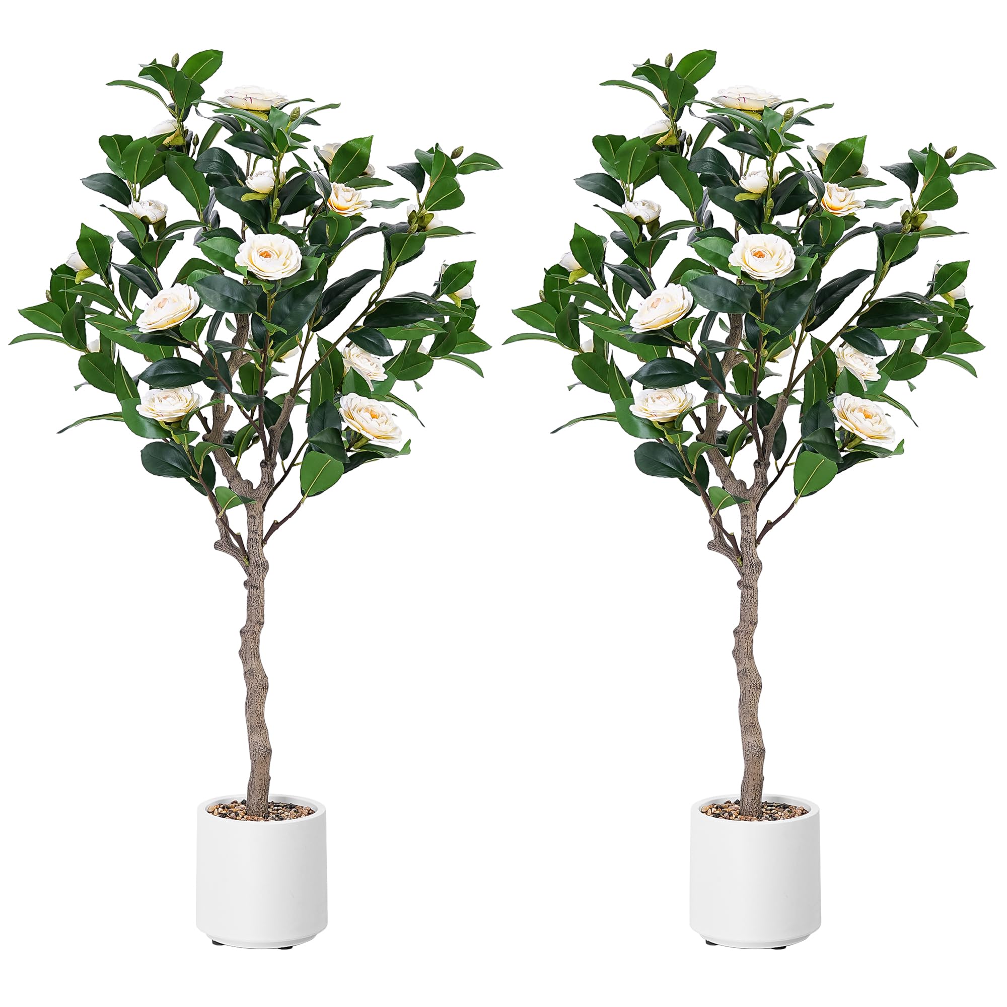 Jocoevol Artificial Camellia Tree 4ft, 2 Pack Indoor Fake Plant with Realistic Trunk, Leaves, Flowers and White Planter, Faux Potted Tree for Home Decor and Housewarming Gift