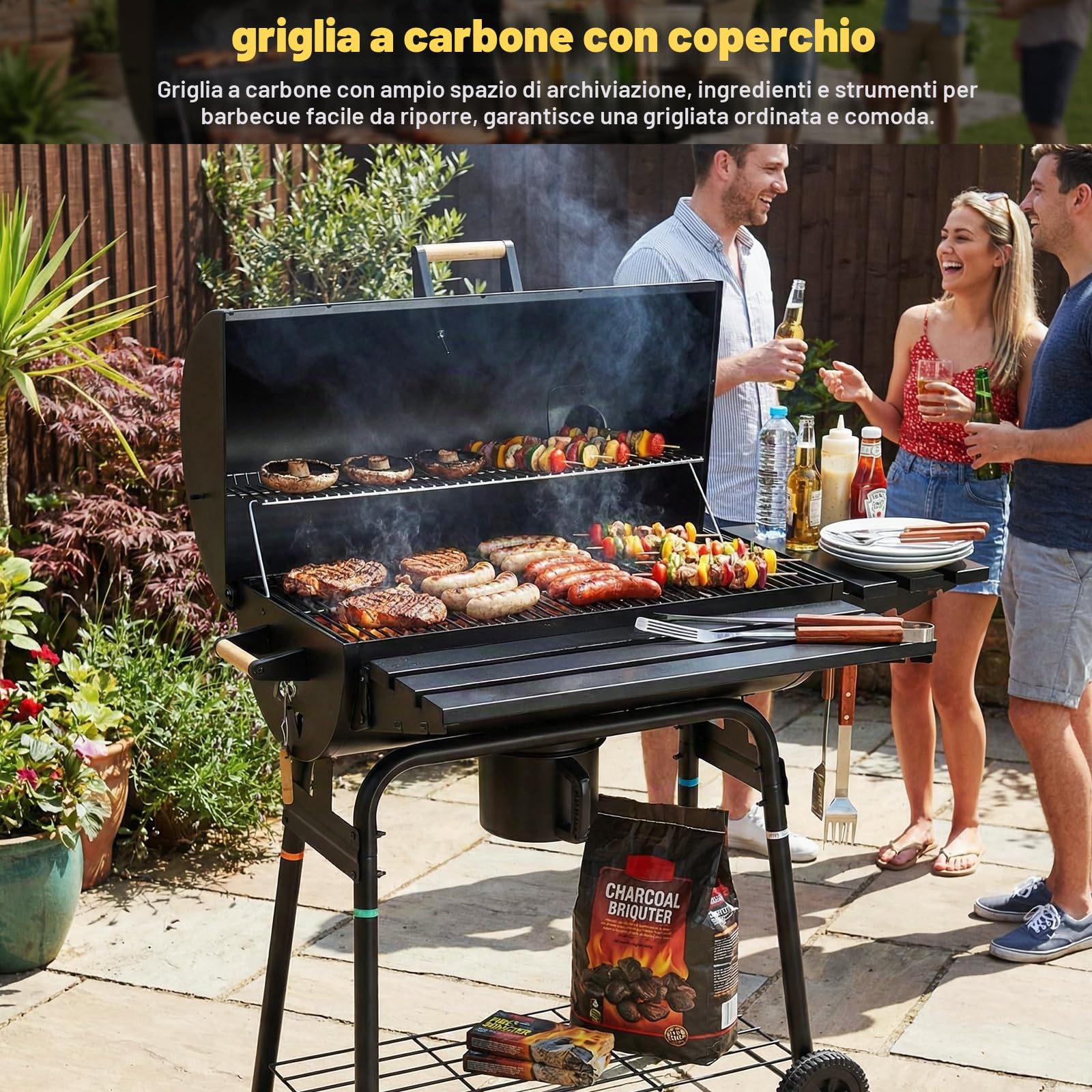 TLSUNNY Barbecue a Carbone con Coperchio, Barbecue da Giardino con Camino, Termometro, 2PCS Ruote, Fessure di Ventilazione Regolabili, Affumicatore BBQ Smoker per Giardino, Terrazzo, Campeggi