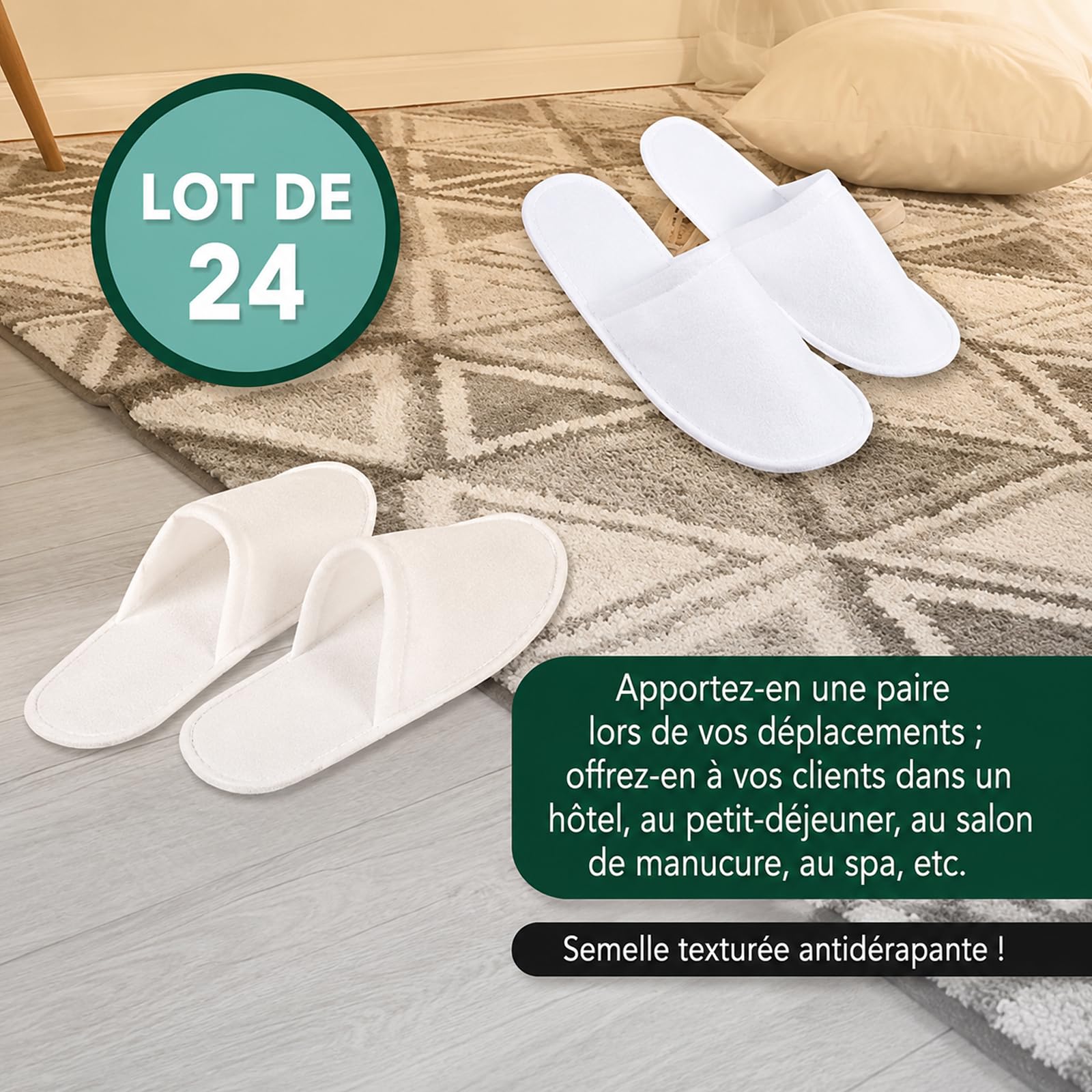 Lot de 24 Paires de Chaussons Jetables pour Hôtel et Spa, Blancs | Pantoufles Fermées Antidérapantes pour Invités, Maison, Voyage, Salon de Beauté, Hommes et Femmes