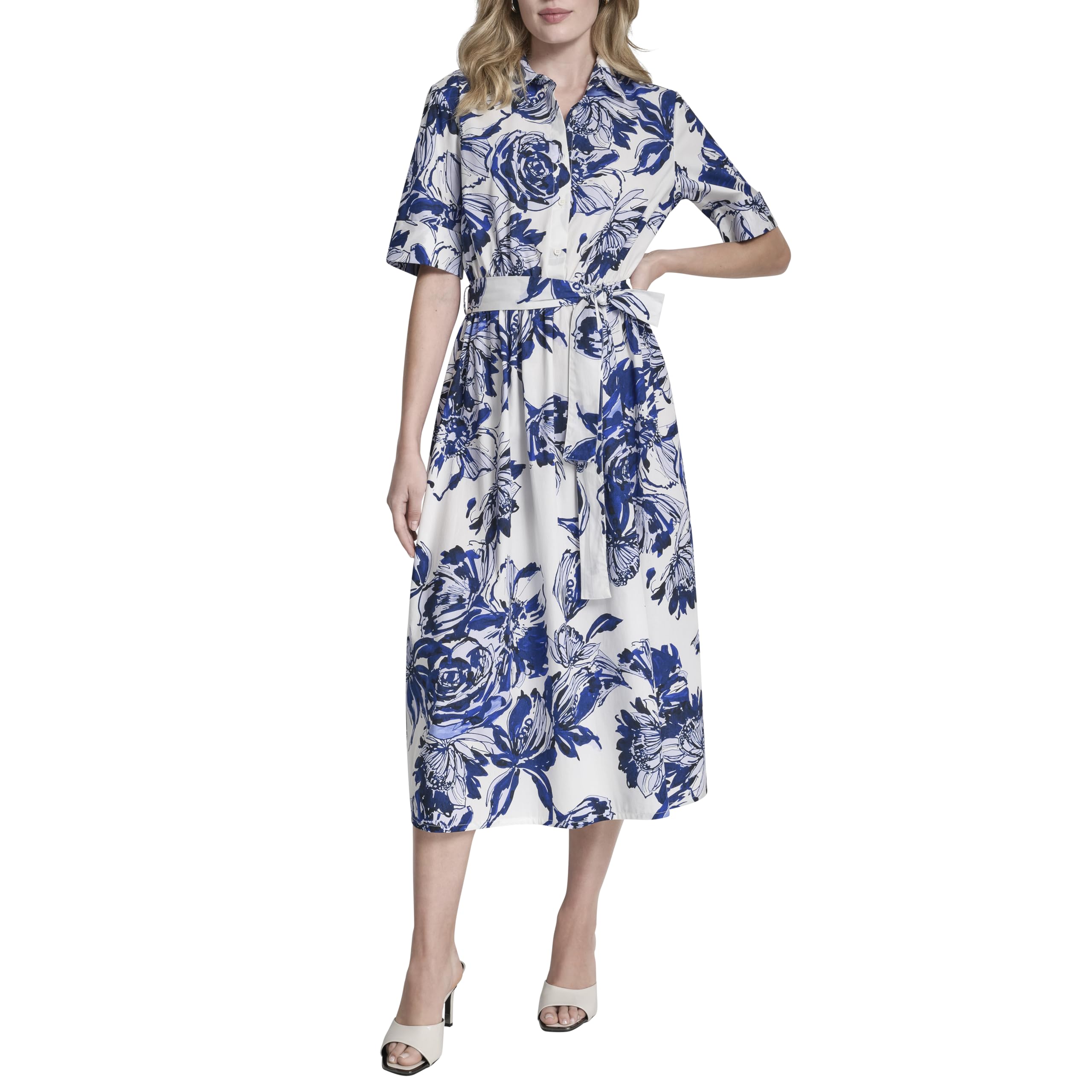 DKNY Women's Short Sleeve Cotton Poplin Collared Midi Shirtdress