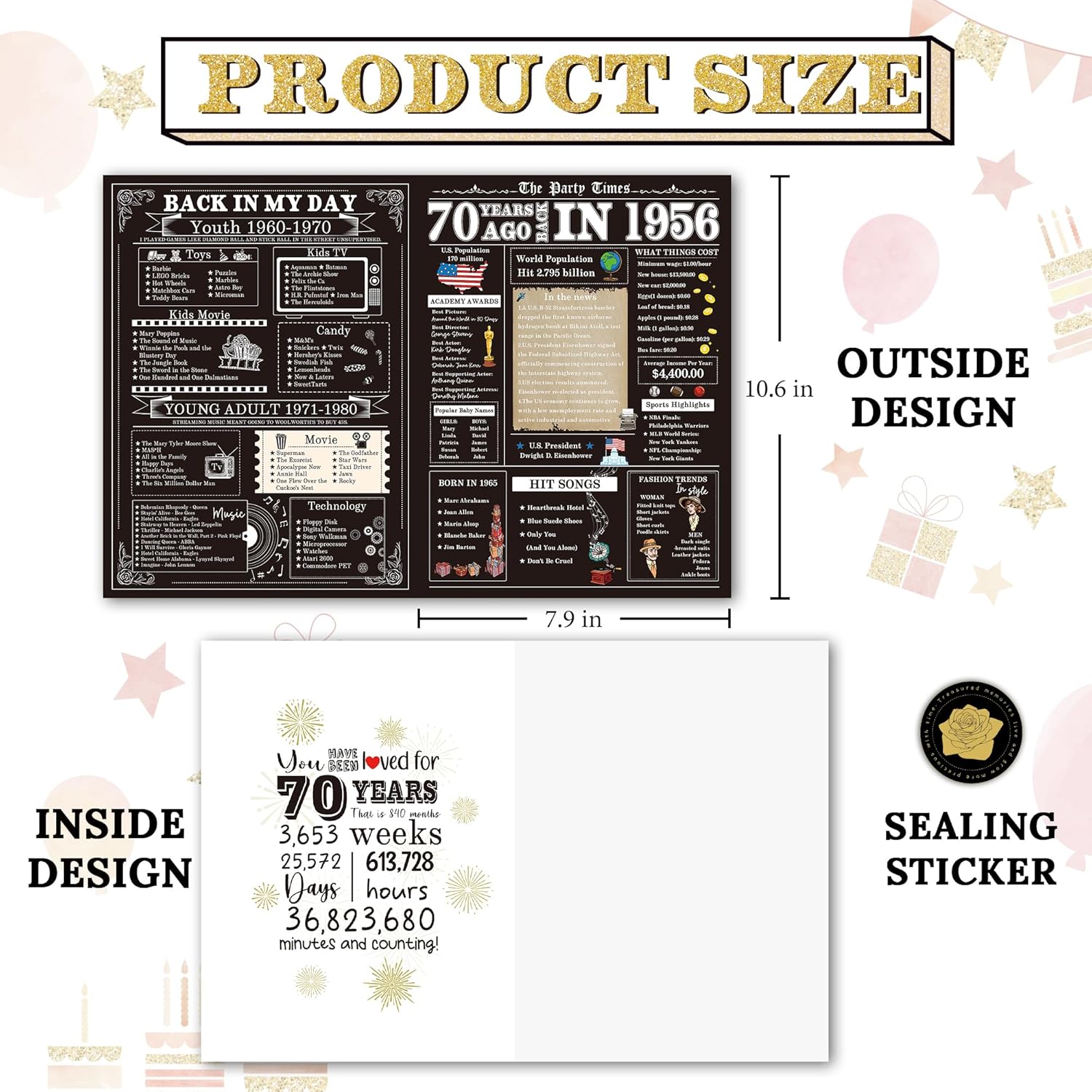 Vintage 70th Birthday Card, Happy Birthday Gift for Grandpa, Grandma, Dad, Mom, for Him and Her 1956 fun Birthday Card, 70th Birthday Decoration for Men and Women 70th Birthday Gift for Men Women - Image 2