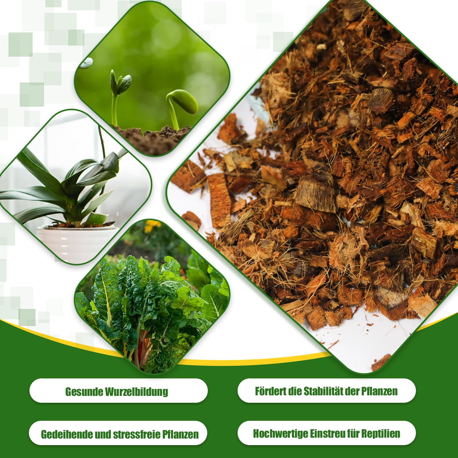 Kokoschips Pflanzen Substrat, Bio Kokosnussschalenziegel mit niedrigem EC- und pH-Ausgleich, leicht erweiterbares Kokosfaser-Mulchmedium für Gartenblumen & Reptilienbeete (6 Stück)