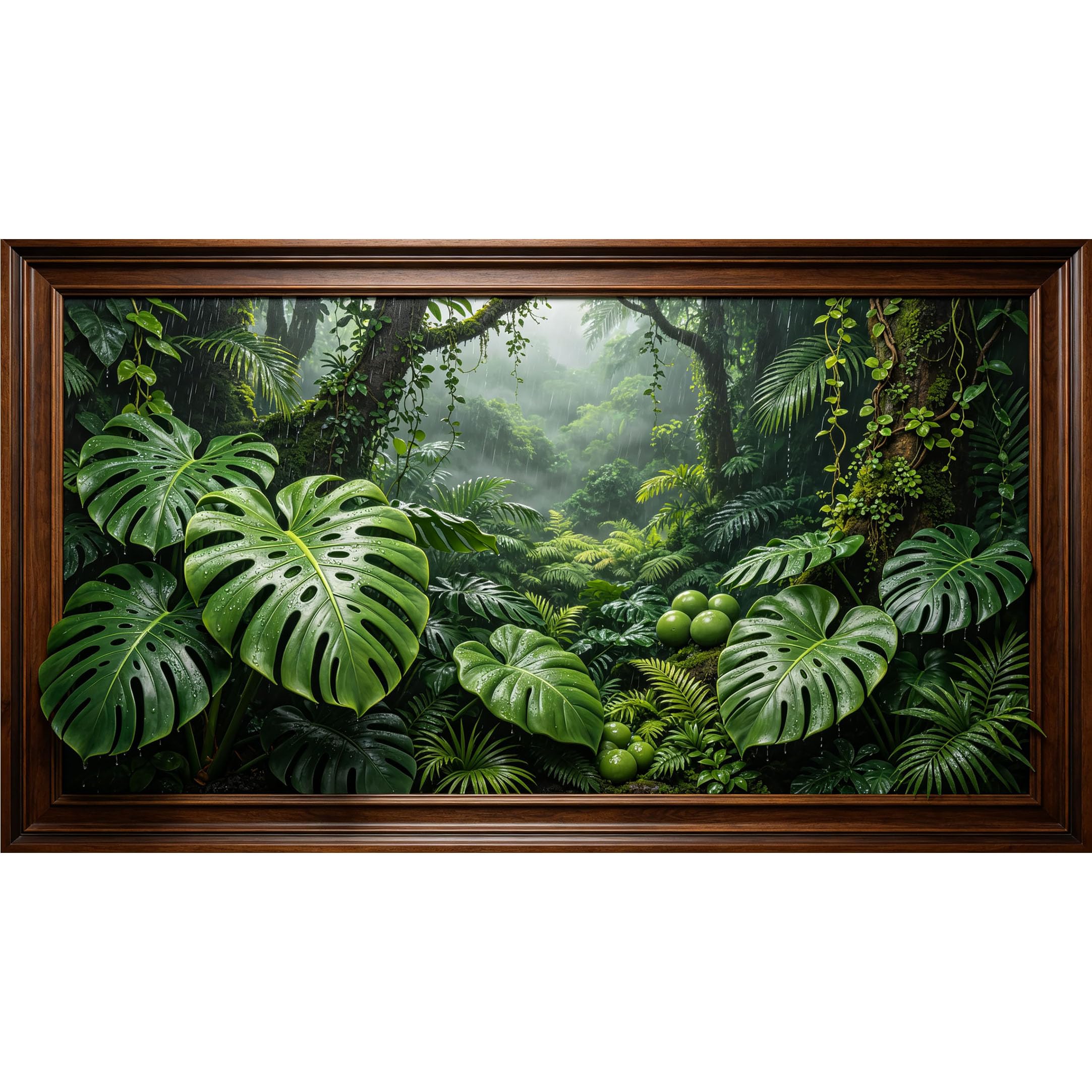 QZLITHOTIC 50x90cm3D Framed Wall Art， Tropical Jungle Rainforest Green Monstera Leaf Self‑Adhesive Mural， Water‑Activated Peel & Stick Fabric Decor Wall Decal for Bedroom Living Room