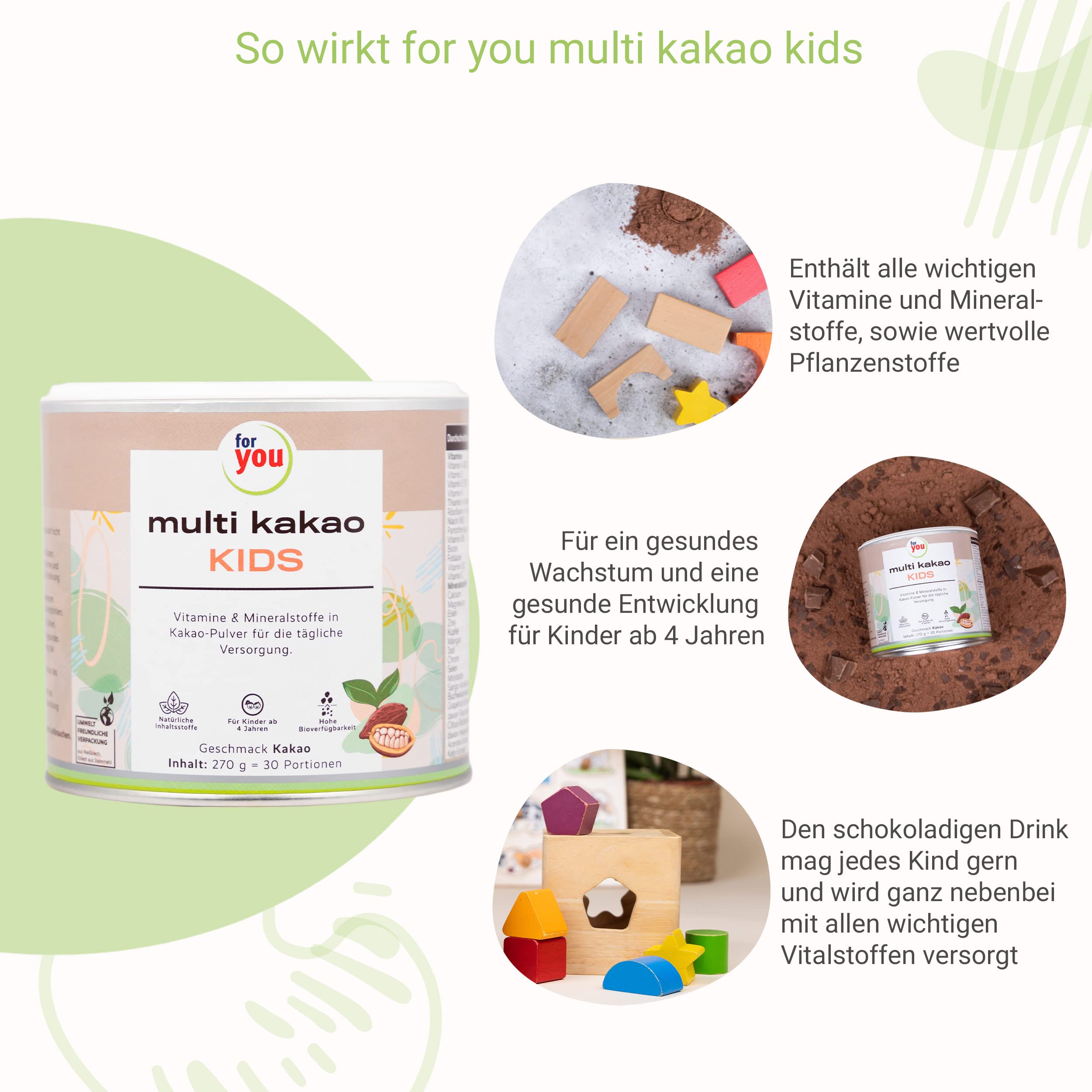 for you multi kakao kids Doppelpack - Kakaopulver mit Vitaminen, Mineralstoffen & Pflanzenstoffen zum Anrühren in Milch - Kinder ab 4 Jahren - Gesundes Wachstum & Entwicklung - Zuckerfrei & glutenfrei