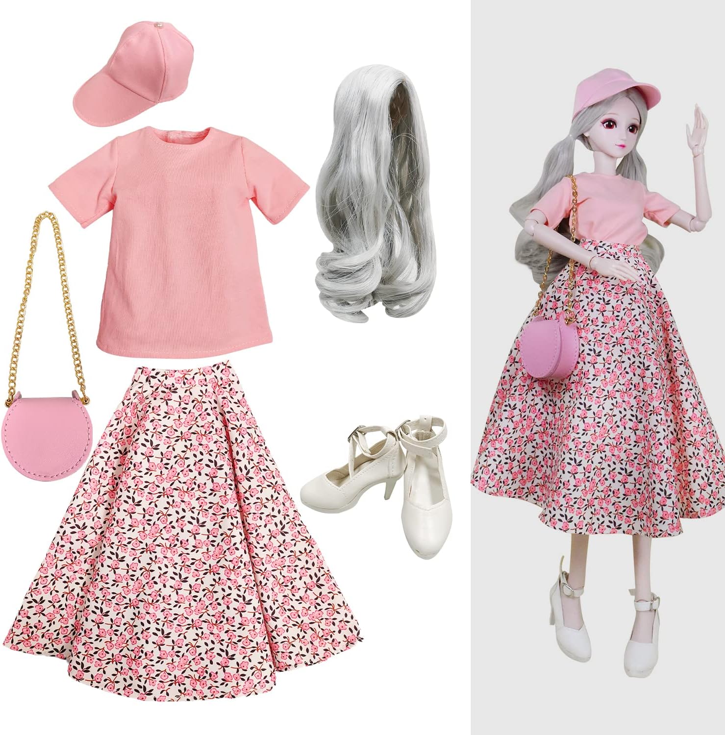 Proudoll 1/3 BJD Doll Clothes Outfit Set Handcrafted Pink Floral Skirt, TShirt