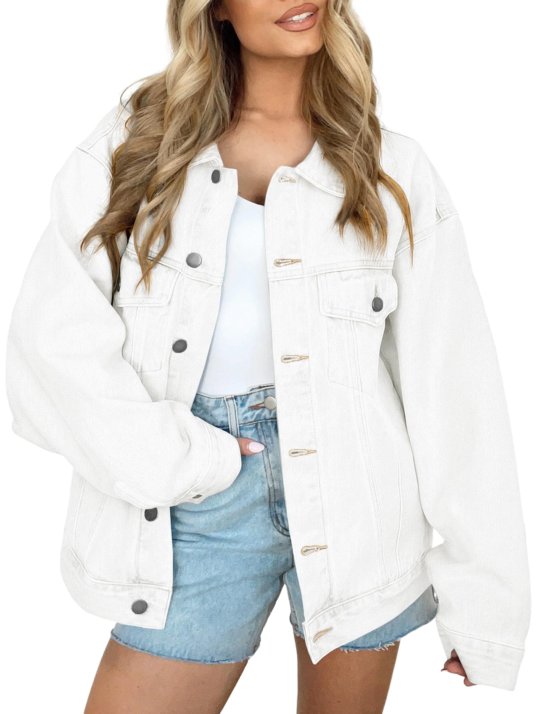AUTOMET Women's Button Down Oversized Jeans Jacket with Pockets