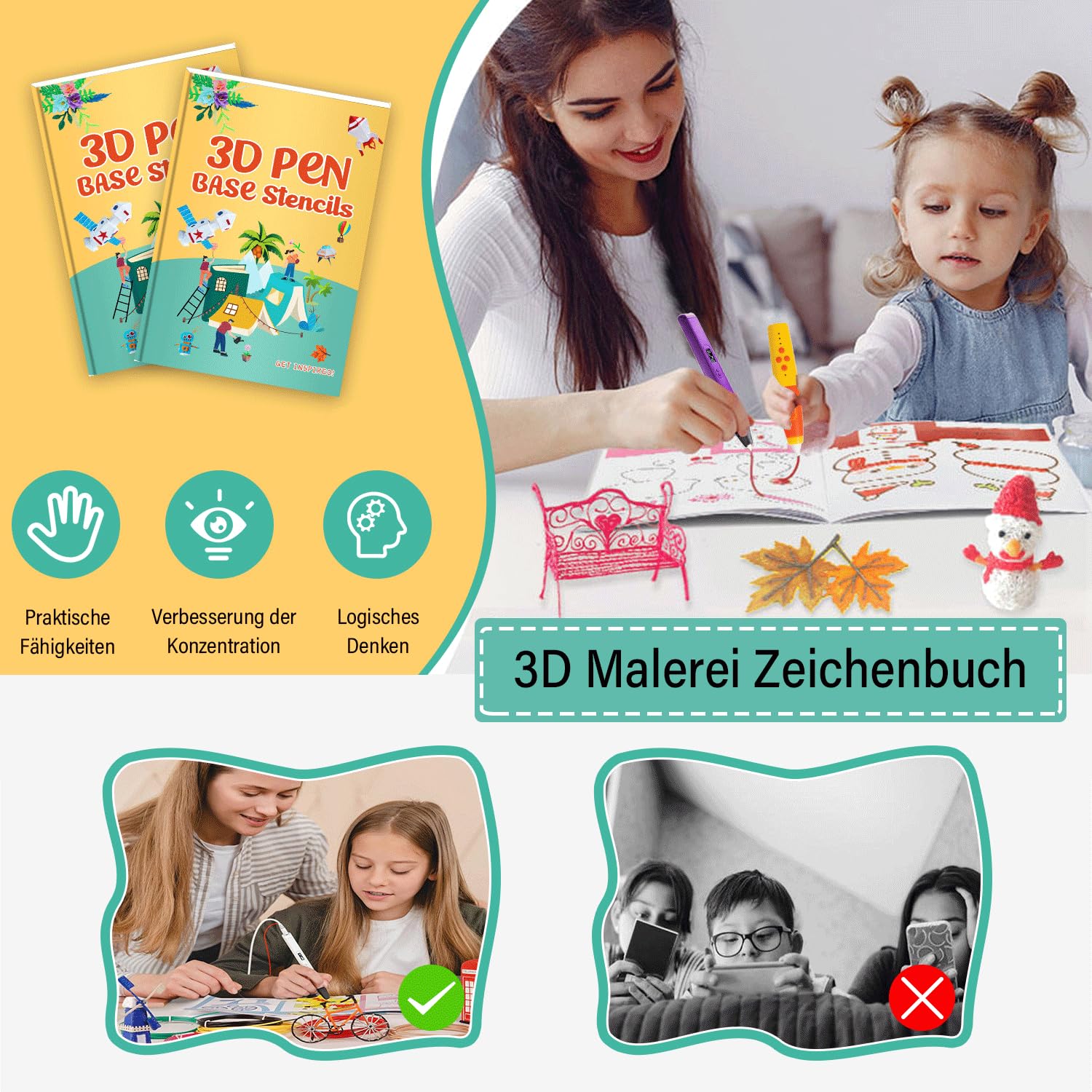 LEMONSTONE Książka rysunkowa do druku 3D z przezroczystą płytką, 42 arkusze, 65 wzorów, szablony wielokrotnego użytku, dla dzieci, do pisania 3D, dla dzieci, DIY, do malowania prezentów, graffiti