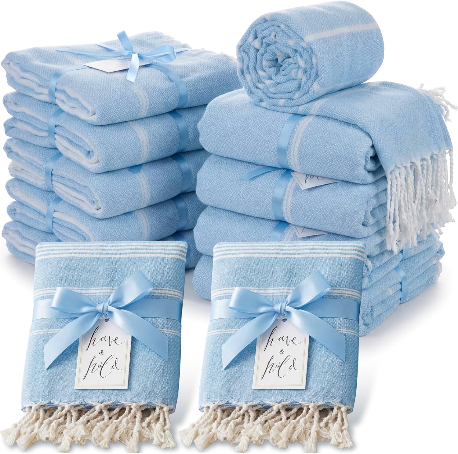 HunnmingRe 12 Packs Turkish Beach Towels Set Bulk 71"x36" Large Bath Pool Swim Towel Wedding Party Favors Bridal Shower Gifts Bridesmaid Gifts Quick Dry Sand Free for Wedding Bachelorette (Sky Blue)