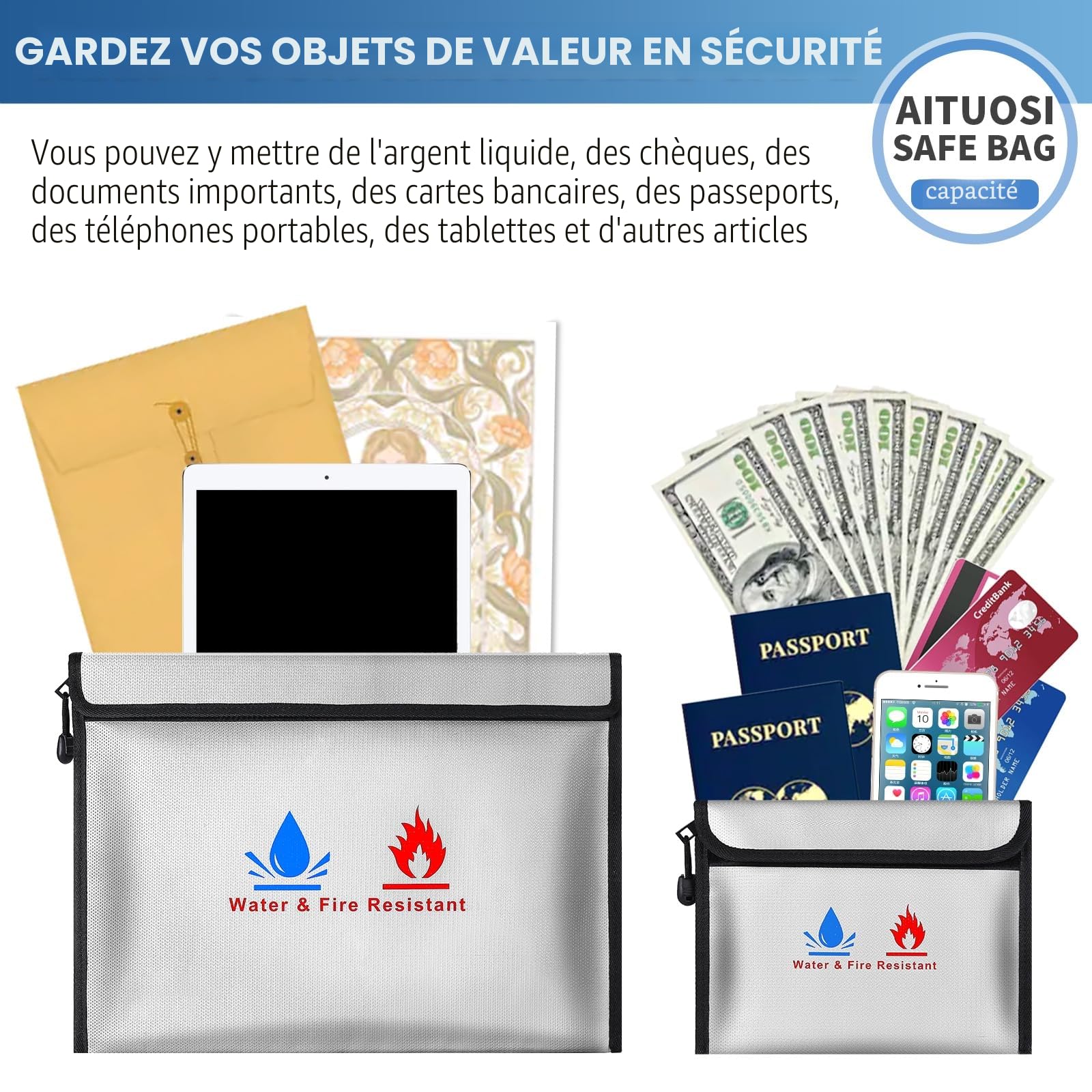 Sacs anti-feu ,2 porte-documents ignifuges | Sac étanche à feu pour documents de passeport bandatei d'argent | En fibre de verre de qualité supérieure
