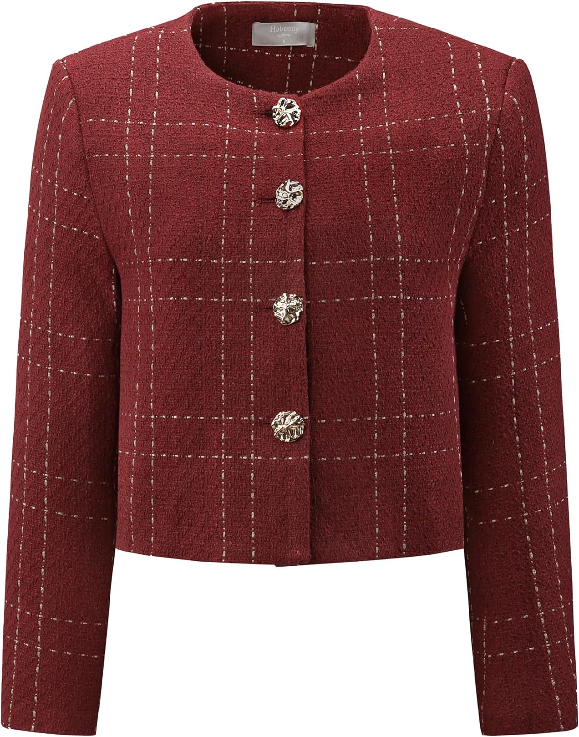 Women's Collarless Blazer Plaid Button Front Crop Tweed Jacket