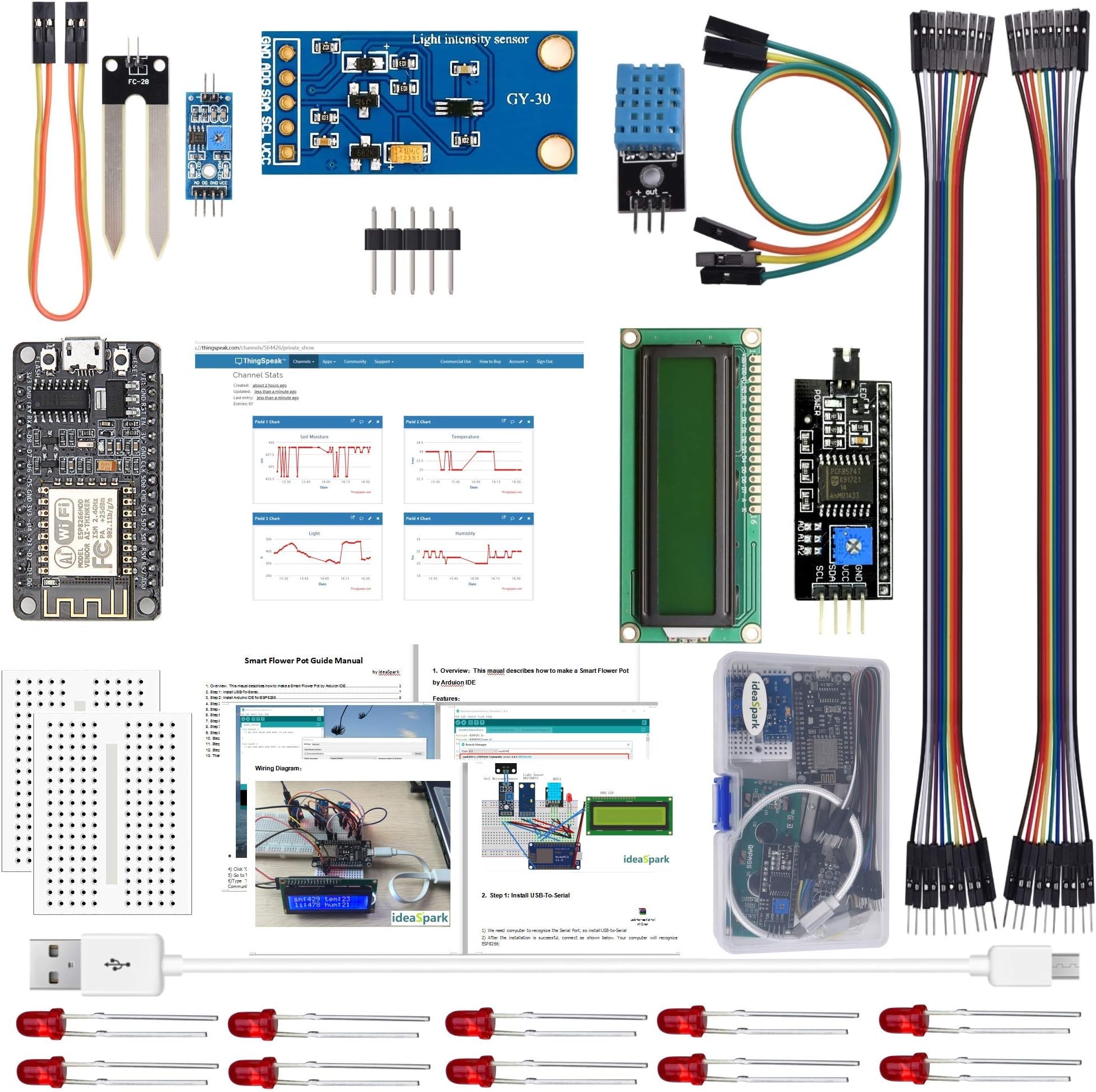 IDEASPARK ESP8266 Smart Flower Pot Kits with DHT11 Temperature and Humidity Sensor BH1750FVI Light Sensor Soil Moisture Sensor for Arduino IDE IoT Starter(Guidance Document Included)