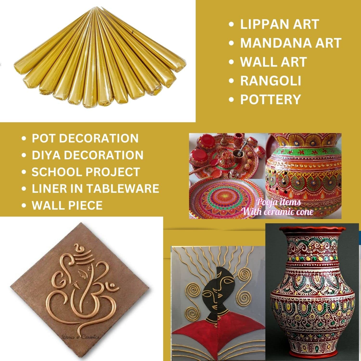 White Ceramic Cones for Arts & Crafts, Lippan Art, Mandana Art, Texture Art, Pottery, Liner, DIY Decorative Purposes (Pure for Sure) (4 GOLDEN CONE) 2