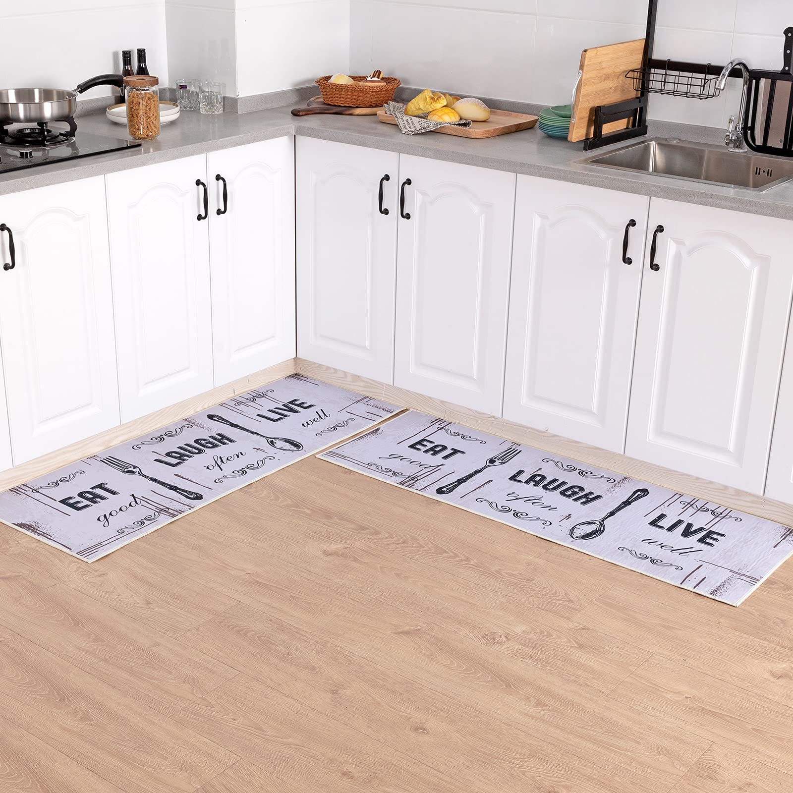 Carvapet 2 Piece Kitchen Rug Set Non-Slip Backing Mat Throw Rug for Kitchen Doormat Runner Rug Set, Motto Design,White (17"x48"+17"x48")