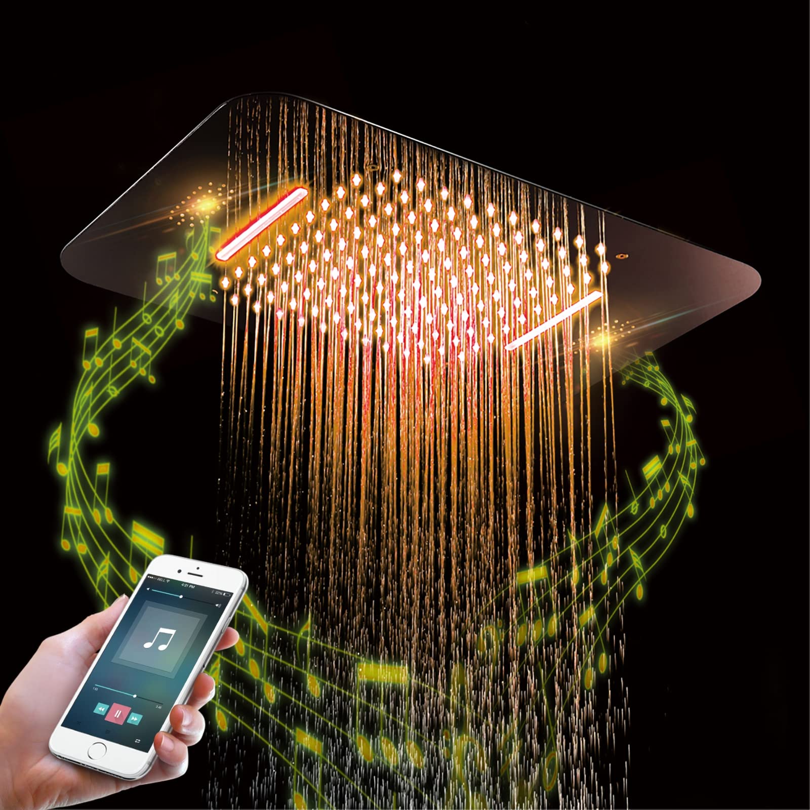 Soffione Doccia LED Musica, Cromato 2 Funzioni Soffione Doccia a Pioggia 304 Acciaio Inox Docce Fisse 64 Colore Grande Soffione Doccia Fisso ad Alta Pressione Testa Doccia,Touch Control