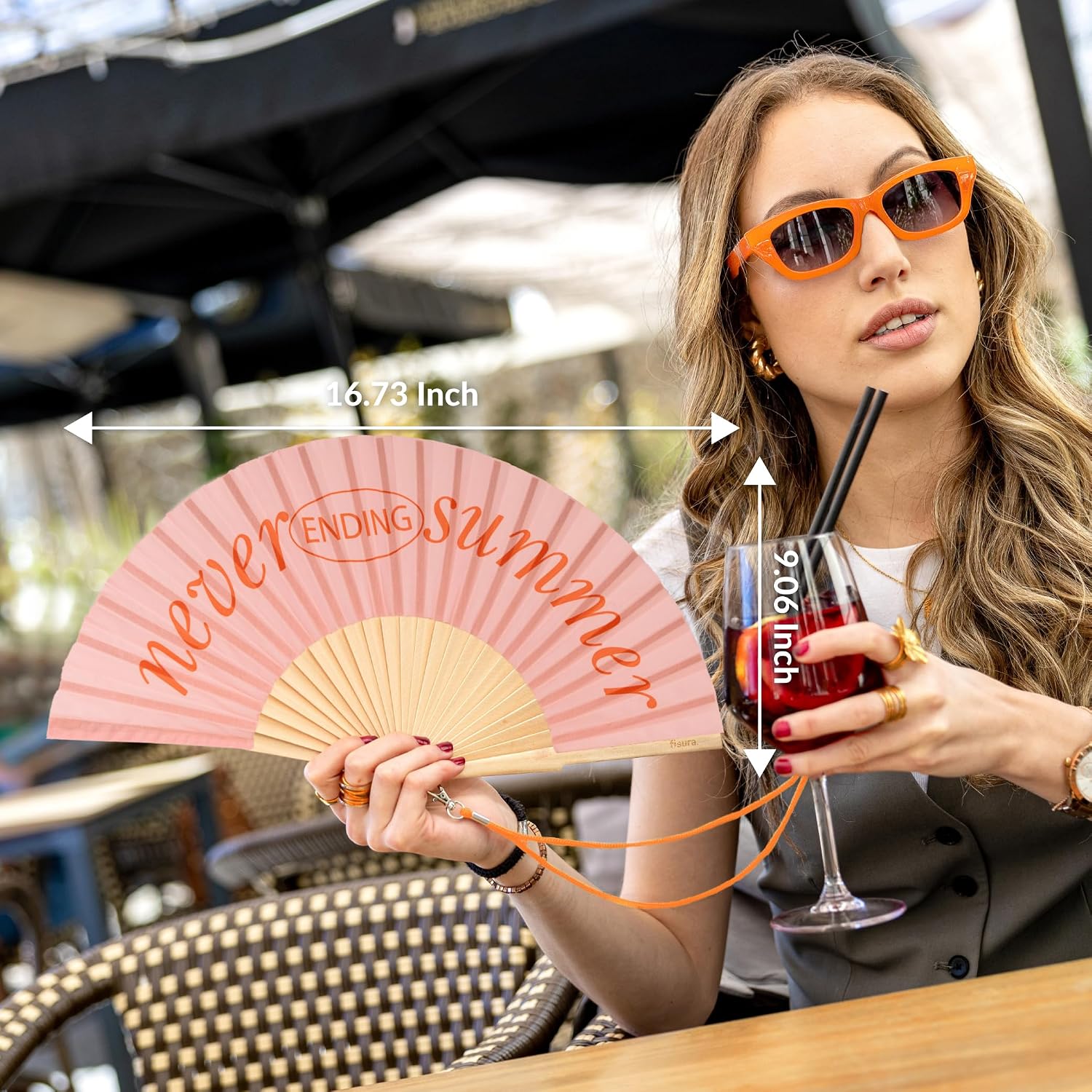 Fisura – Original Folding Fan Never Ending Summer, Wooden Hand Fans for Women Foldable, Orange Design for Raves, Festivals, Weedings, Hanger Included - Size: 16.7 x 9 inches