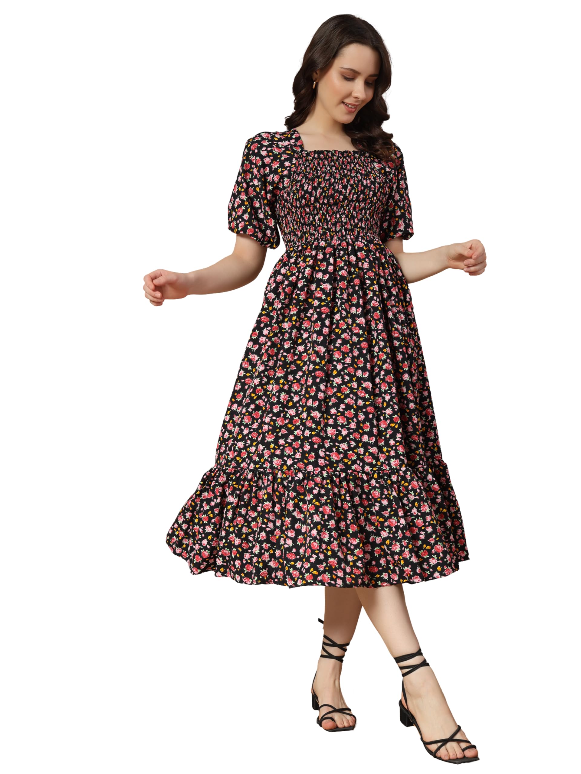 kzully | Colorful Floral Print Midi Dress | Smocking and Elastic Comfort | Stylish Woman Wearing a Pretty Printed Flower | Trendy and Fashionable-picture-29