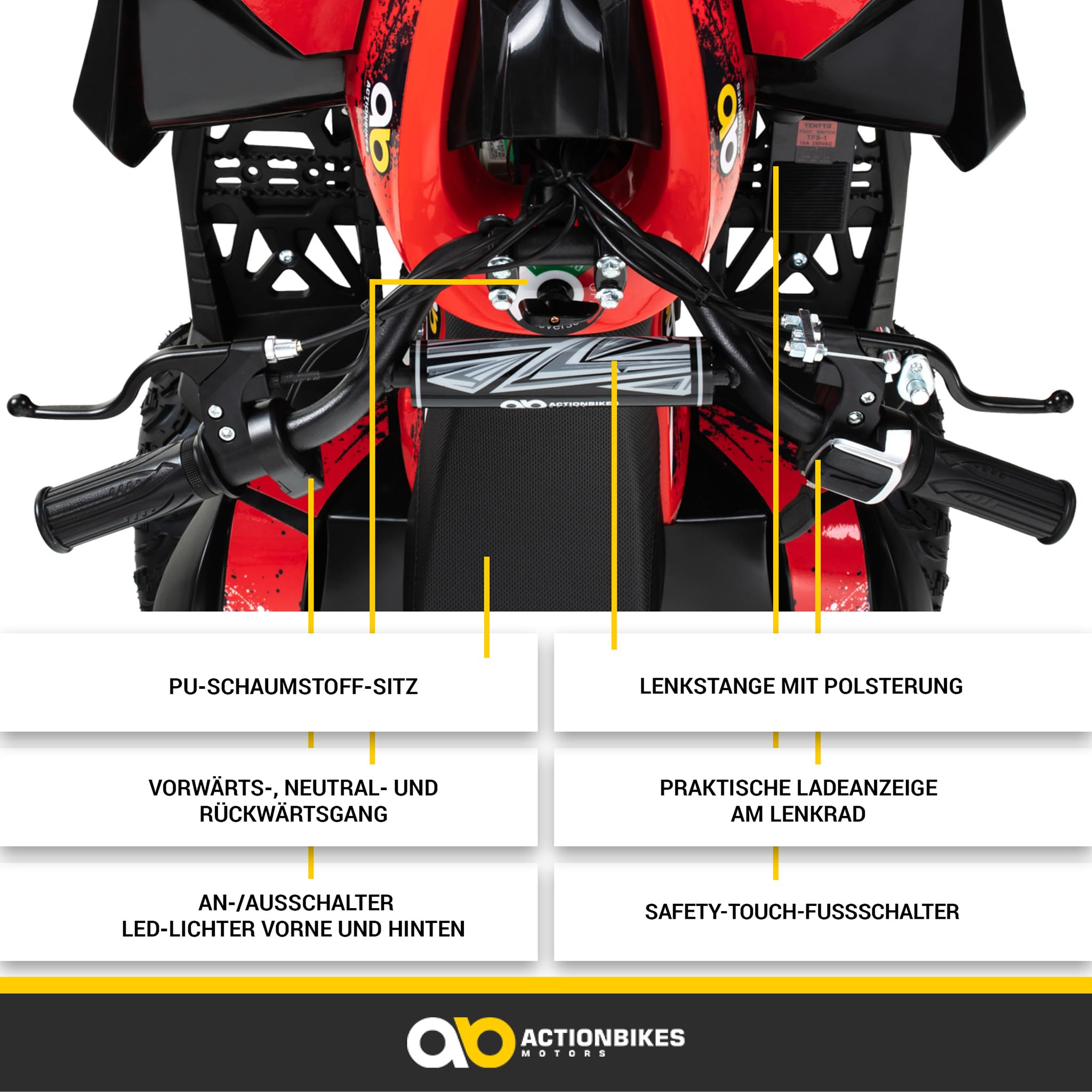 Actionbikes Motors Kinder Quad Elektro ATV Reneblade | 𝟒𝟖 Volt 𝟭𝟬𝟬𝟬 Watt Motor bis 𝟐𝟒 km/h - Kinderquad - Pocket Quad - Miniquad - Safety Fußschalter - Für Kinder ab 8 Jahren (Schwarz/Rot)